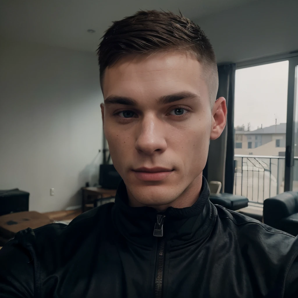 23 year old normal male, cillian murphy (dark blonde short buzz military haircut, fade haircut, small nose, chad jawline, big dark eyes, athletic, well built, fit, average looking, some pimples on face) upper body selfie from hand in living room, wearing black tracksuit jacket, seductive smile