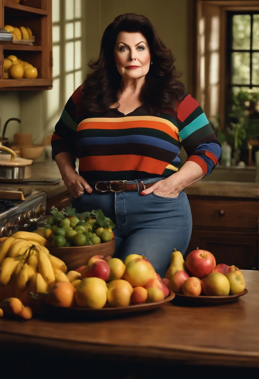 arafed woman standing in a kitchen with a bowl of fruit on the counter, hyperrealistic full figure, full - bodied portrait, a portrait of a plump woman, full figured middle aged housewife, plus size woman, thicc, 50 year old woman, widest hips, fat woman, large thighs, mirka andolfo-sherilyn fenn-cassandra peterson merged, entire body visible, wearing high waistedjeans and a striped collard shirt, karen, mean look on her face, disgusted look on her face, aged face and skin, no makeup