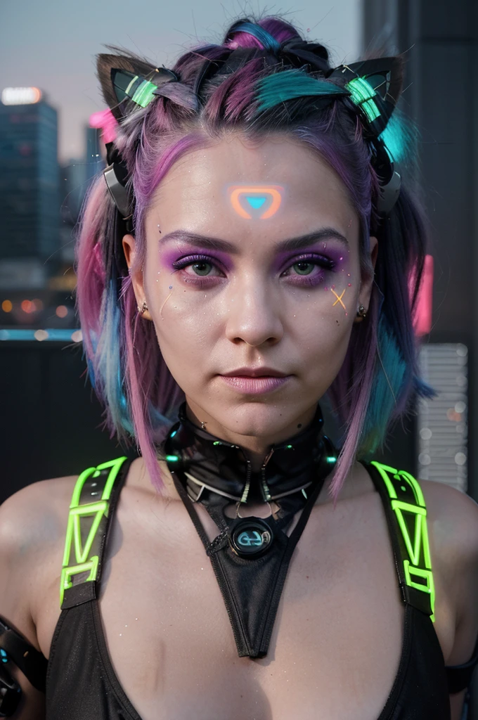 A photo of a fierce and rebellious pettite naked woman in her 30s, She has vibrant neon hair, partially shaved on one side, and adorned with glowing LED hair accessories. Her face  augmented with intricate cybernetic implants, glowing lines tracing patterns across her skin. The backdrop  a dystopian cityscape with towering skyscrapers and holographic advertisements. The lighting  a mix of neon hues, casting an otherworldly glow on her cyber-enhanced features.