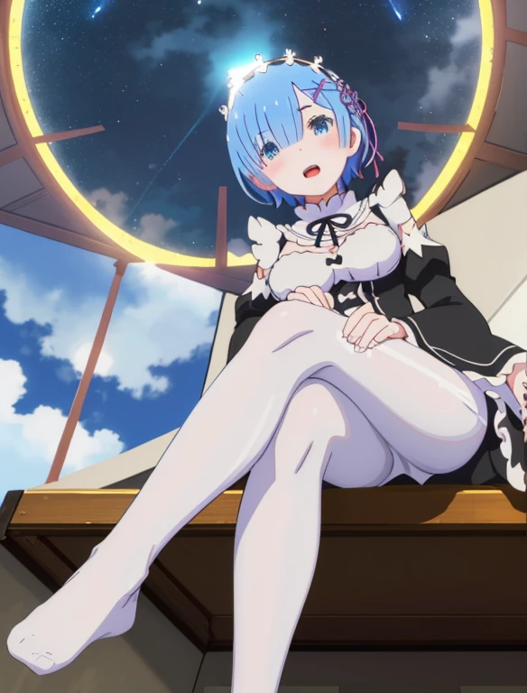 ((full body)), ((full pose)), best quality, masterpiece, phRem, 1girl, blue hair, solo, maid, roswaal mansion maid uniform, looking at viewer, outdoors, open mouth, anime coloring, maid headdress, upper body, cloud, sky, parody, day, black ribbon, detached sleeves, blush, highres, highest quallity, illustration, cinematic light, ultra detailed, detailed face, (detailed eyeest quality, hyper detailed, masterpiece, (detailed face), highest details, luminous eyes, medium breats, sitting on bed, window, night sky, lake outside, moon, full moon, backlighting, light rays, (high contrast), (colorful), ((white pantyhose)), ((crossed legs:1.4)), ((sky from below:1.4)),