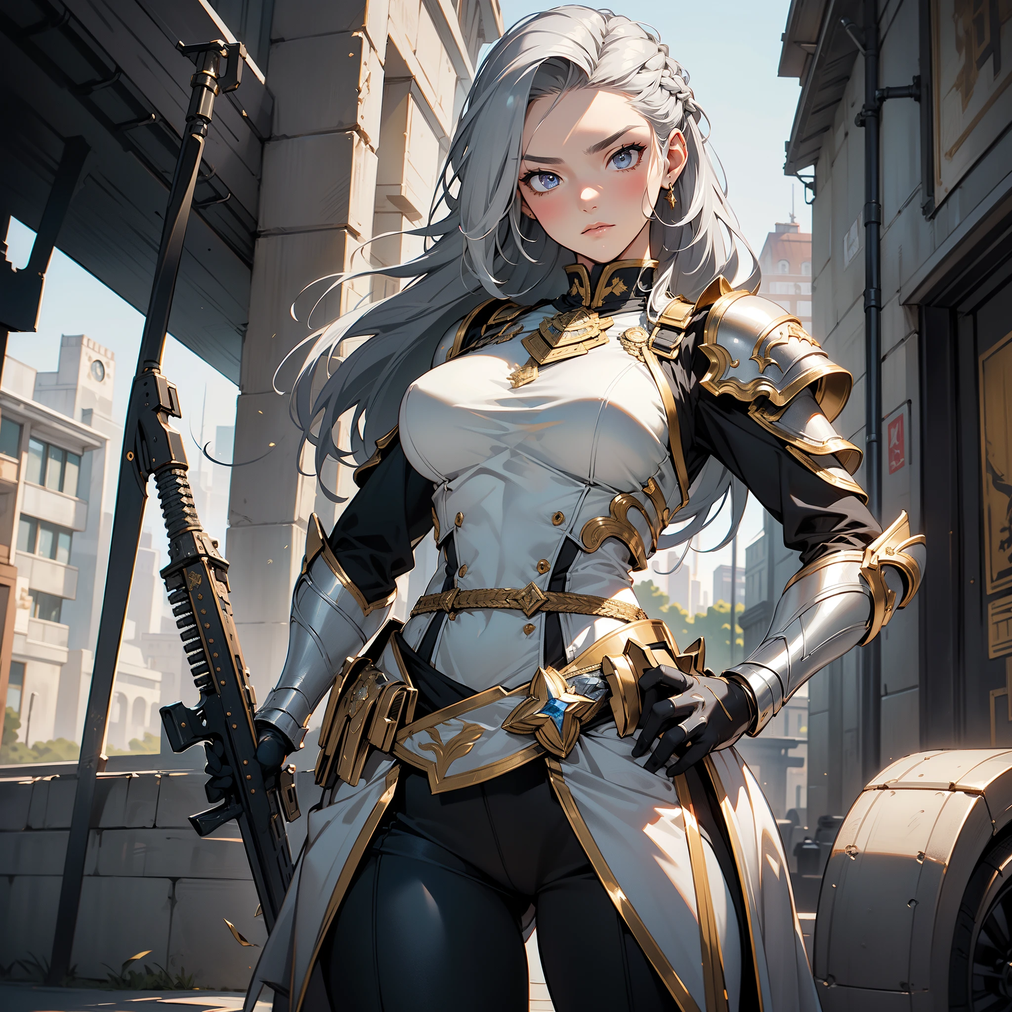 (masterpiece), (ultra-detailed), (masterpiece), (best-quality), (ultra-detailed), 1female, solo focused, silver-grey hair, long hair, hair slicked back, ((detailed eyes)), beautiful, fully body, stern expression, soldier, hand on hip, armored, golden armor, looking at viewer, head tilt, weapon-strapped-to-waist, general