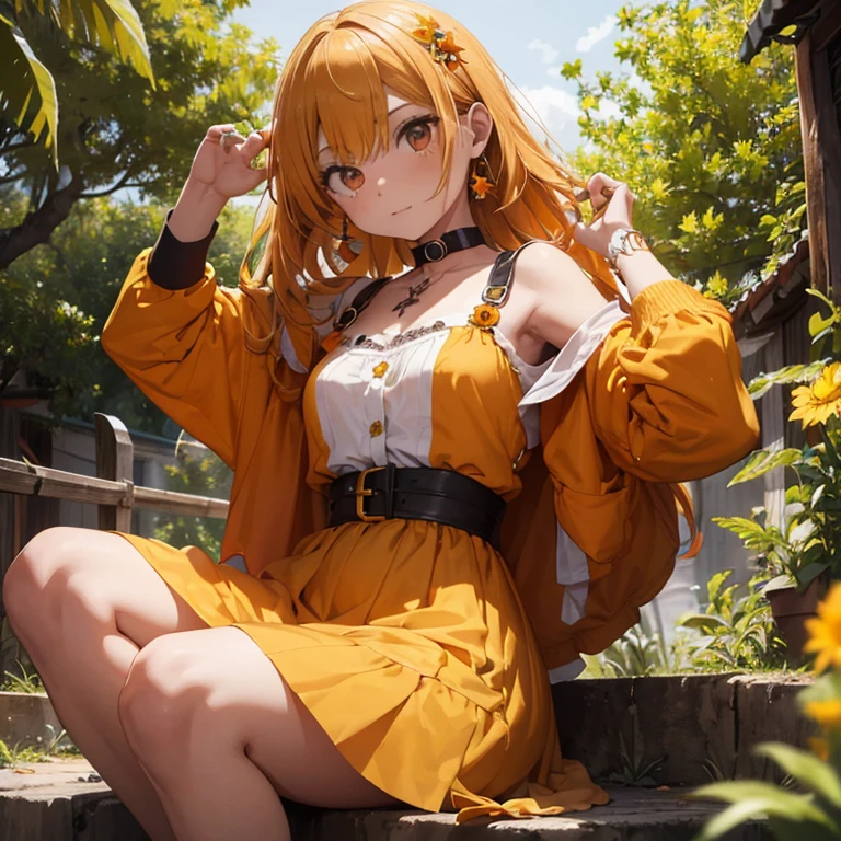 Chica de pelo naranja ondulade tiene ojos verdes brillantes. Viste un vestido de flores en tonos naranja y amarillo, sandalias bohemias, un collar con un colgante en forma de hoja y un anillo con un pentagrama invertido. Dark accessories