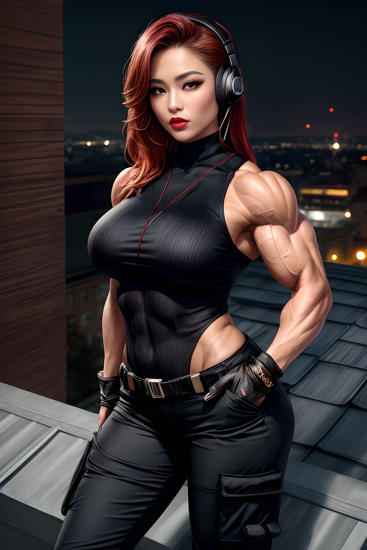 (1woman, pretty Asian bodybuilder, attractive, female bodybuilder with sculpted muscles, Thick arms with sculpted muscles, hands in pockets, rooftop at night, front view, medium upper body portrait, perfect beautiful face, incredible muscle definition:1.2), (SlightMuscle:1.2), (headset, vibrant hair, skin-tight military stealth jumpsuit, skin-tight sleeveless turtleneck advanced stealth leotard, Big breasts with tension, biceps, triceps, deltoids, tactical harness, utility belt, pistol holster, black cargo trousers, thick legs with sculpted muscles, fingerless gloves:1.15), (feminine woman, mesomorph, beautiful expressive eyes, mascara, rosy cheeks, luscious red lips, elegant focused expression, glistening skin:1.1), (best quality, high quality, 8k, hdr, absurdity:1.05),