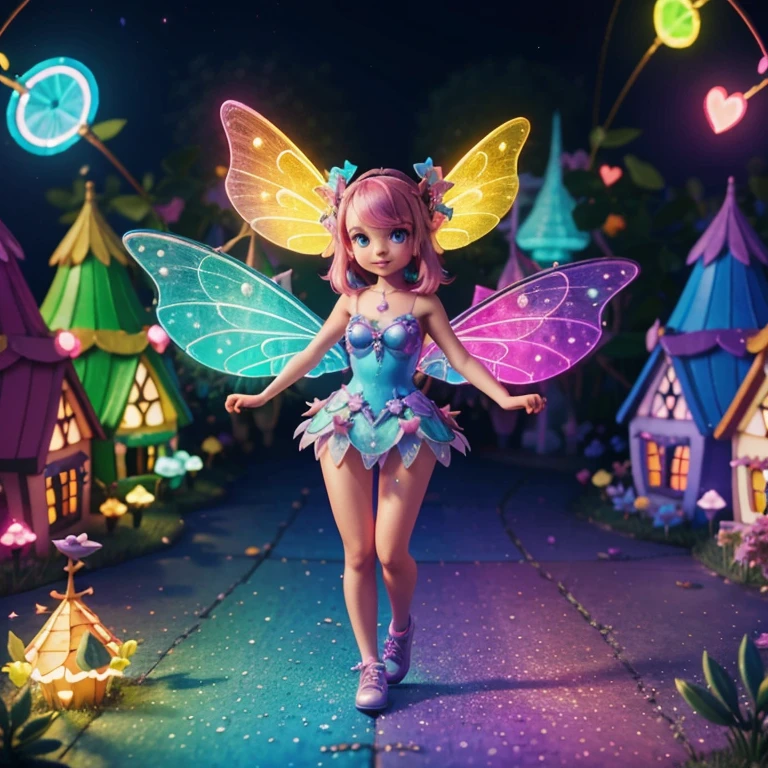 Main subject: A close up of a bunch full body flying fairies, in a Fairy Village. Details: Cute colorful, digital painting, cute detailed digital art, hyper colorful, neon coloring, cute digital art, beeple colors, colorful hd picure, beeple and jeremiah ketner, glowing lights! digital painting, cute 3 d render