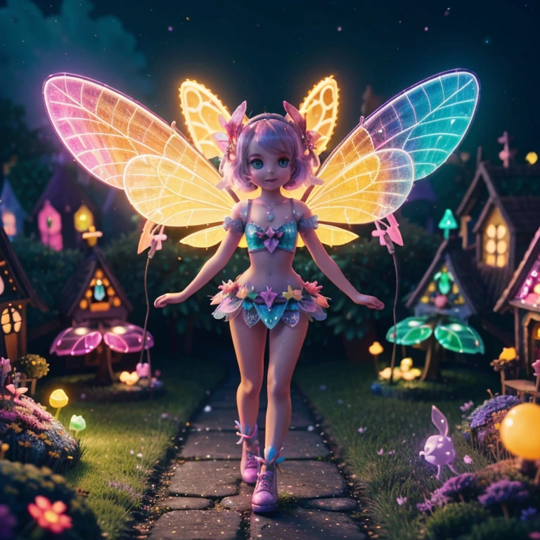 Main subject: A close up of a bunch full body flying fairies, in a Fairy Village. Details: Cute colorful, digital painting, cute detailed digital art, hyper colorful, neon coloring, cute digital art, beeple colors, colorful hd picure, beeple and jeremiah ketner, glowing lights! digital painting, cute 3 d render