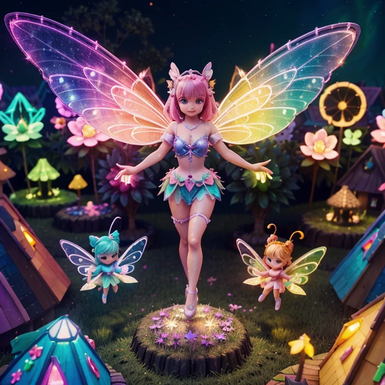 Main subject: A close up of a bunch full body flying fairies, in a Fairy Village. Details: Cute colorful, digital painting, cute detailed digital art, hyper colorful, neon coloring, cute digital art, beeple colors, colorful hd picure, beeple and jeremiah ketner, glowing lights! digital painting, cute 3 d render