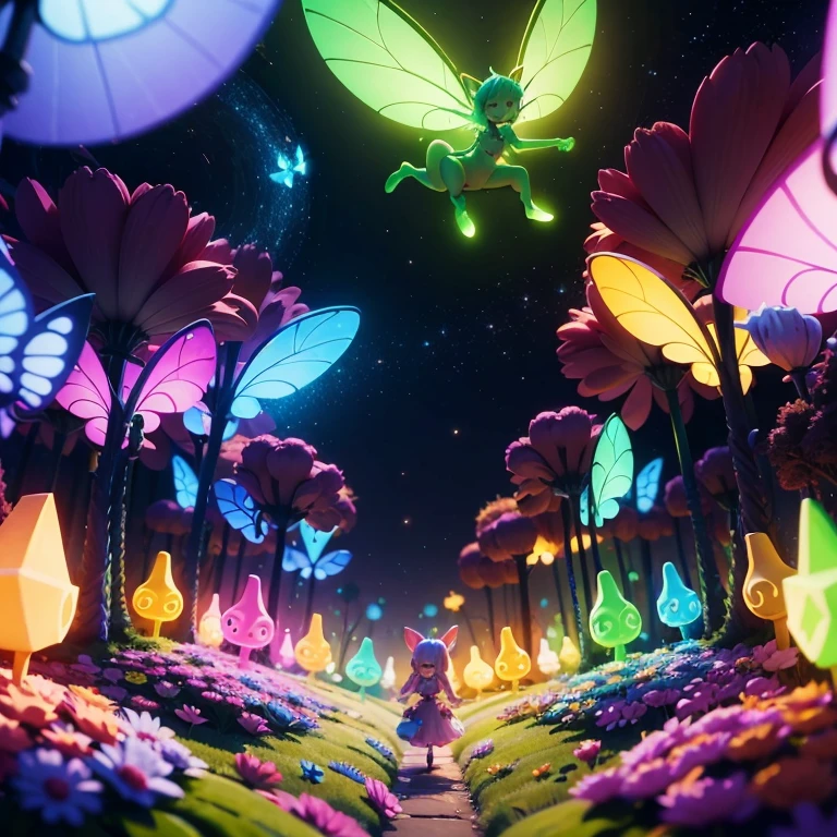 Main subject: A close up of a bunch full body flying fairies, in a Fairy Village. Details: Cute colorful, digital painting, cute detailed digital art, hyper colorful, neon coloring, cute digital art, beeple colors, colorful hd picure, beeple and jeremiah ketner, glowing lights! digital painting, cute 3 d render