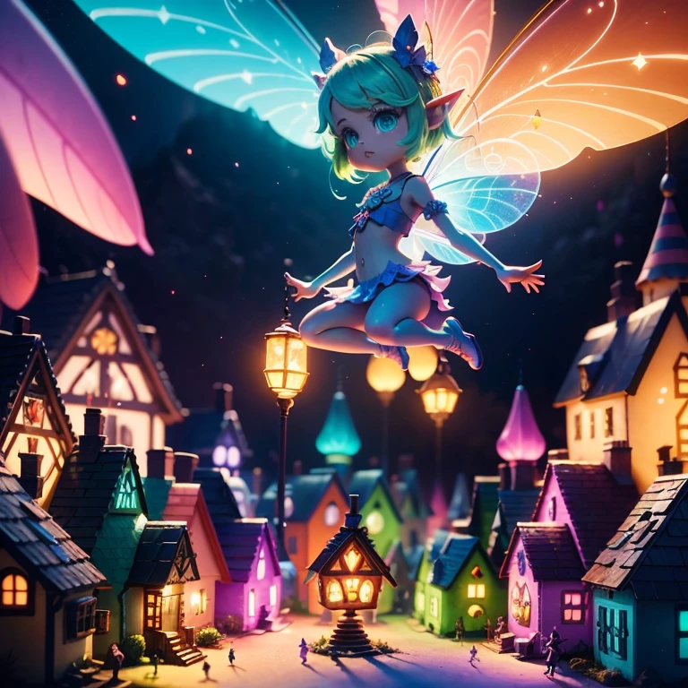 Main subject: A close up of a bunch full body flying fairies, in a Fairy Village. Details: Cute colorful, digital painting, cute detailed digital art, hyper colorful, neon coloring, cute digital art, beeple colors, colorful hd picure, beeple and jeremiah ketner, glowing lights! digital painting, cute 3 d render