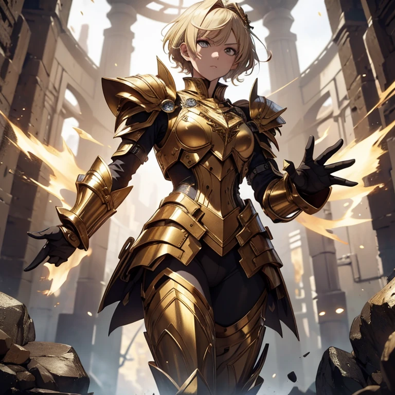 master piece, 8k, ultra detailed, anime, tall girl, short hair, blonde hair, golden eyes, serious and courageous face, black armor, punching position, kinetic rocks, Gran Canyon scenario.