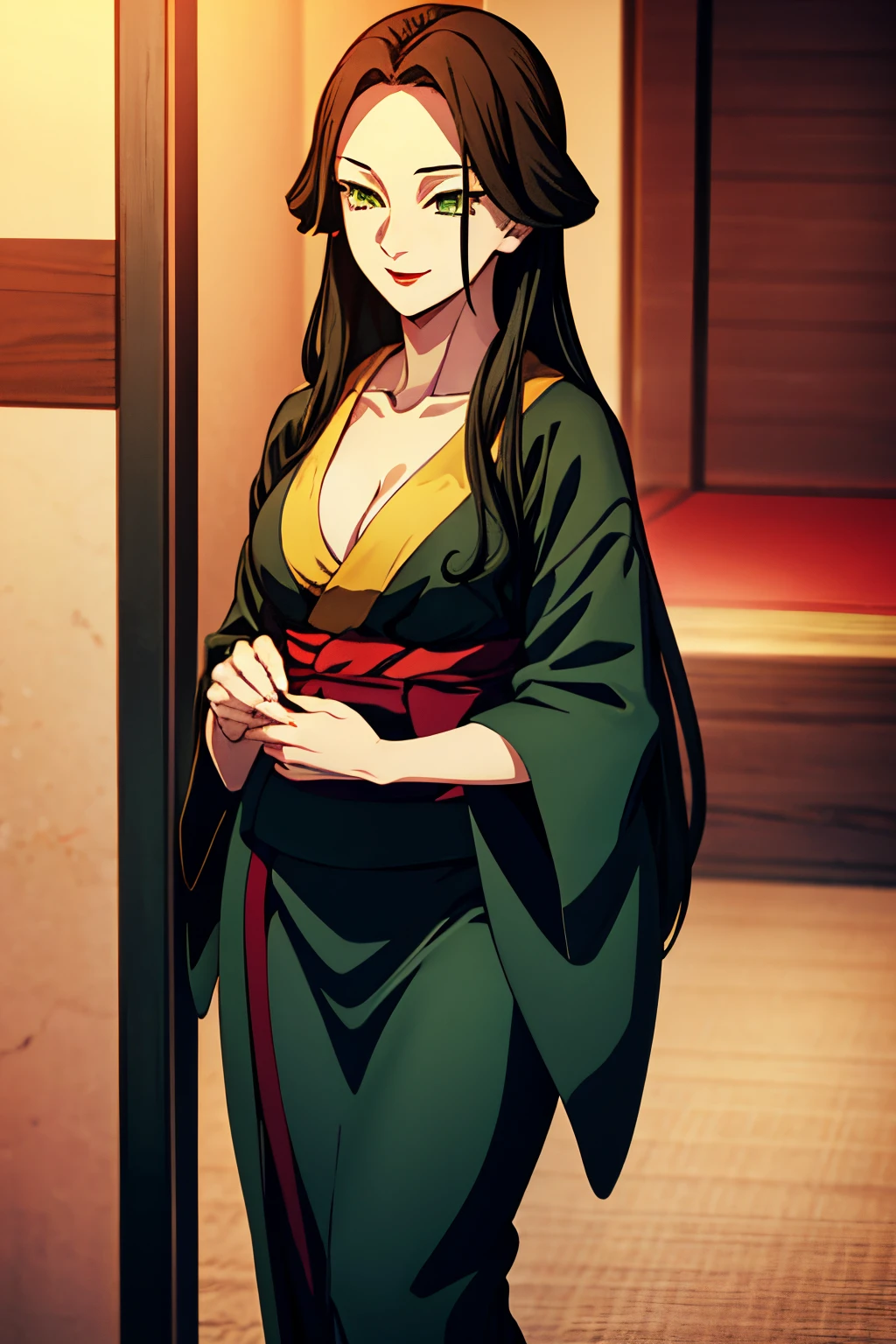 Adult woman, High, black hair, Loose straight hair, hairlong, big breastes, black kimono, , narrow eyes, green colored eyes, small nose, red-lips, ssmile, tube in hand