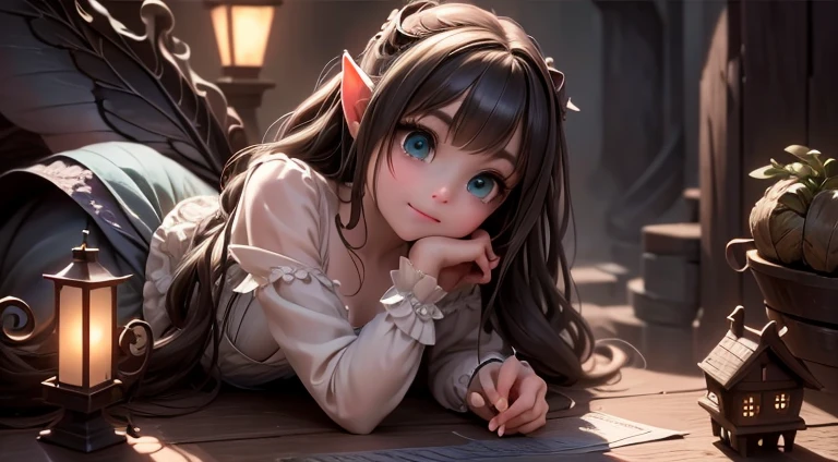 masterpiece, best quality, detailed eyes, 1girl, a cute ((fairy)) drinking at a tavern, (intense green smokey eyes makeup), (pointy ears), (fairy sleveless dress), (leafy dress), traslucent fairy wings), large eyelashes, fantasy magical (village at night), (night scene), (magical lanterns), looking at viewer, (((full body))), Cinematic Light, Ray tracing, Depth of field, light source contrast,