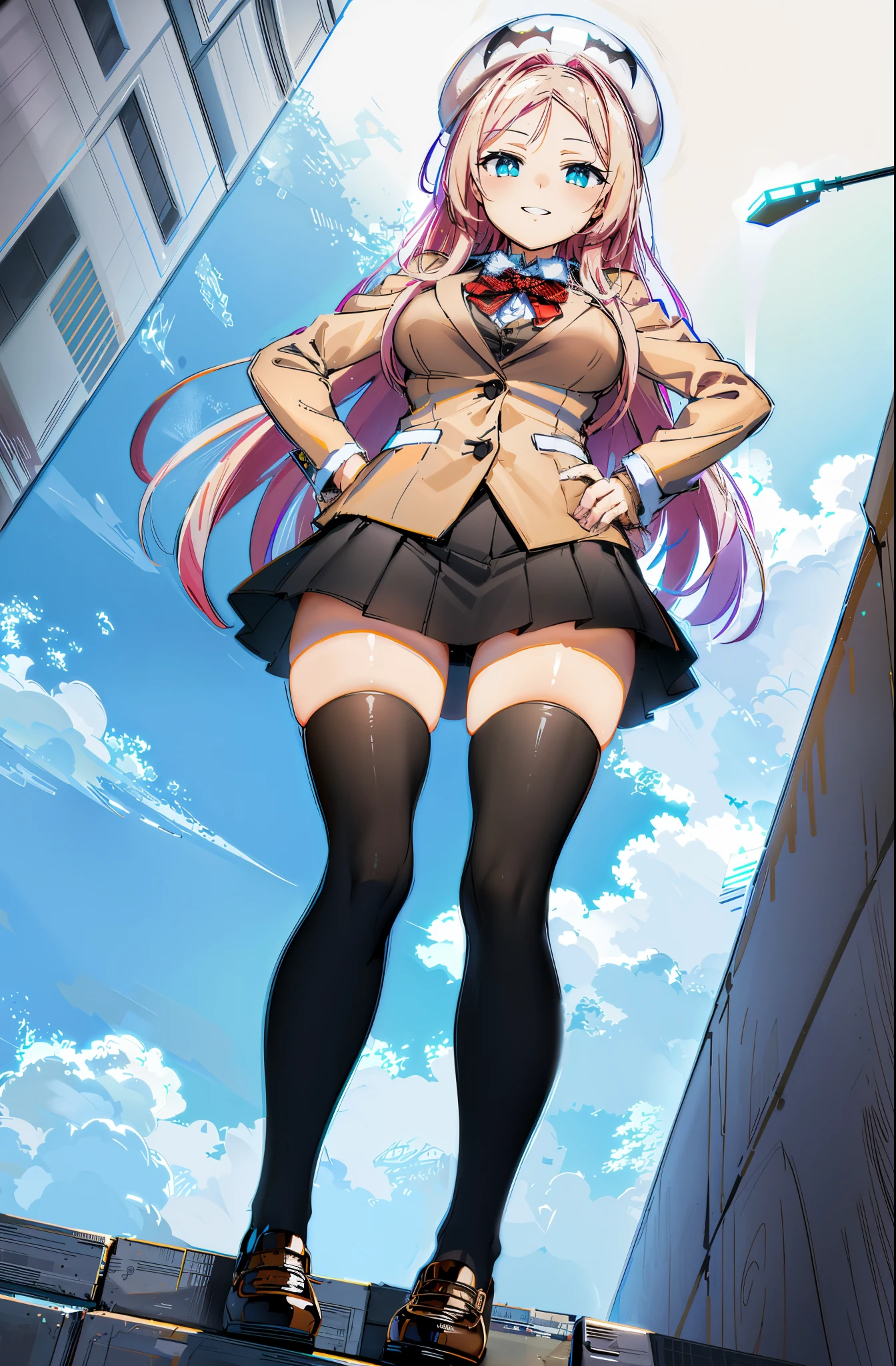 drakoi, 1girl, thighhighs, long hair, pink hair, school uniform, smile, hat, skirt, black thighhighs, large breasts, hand on hip, blazer, bow, fullbody, standing