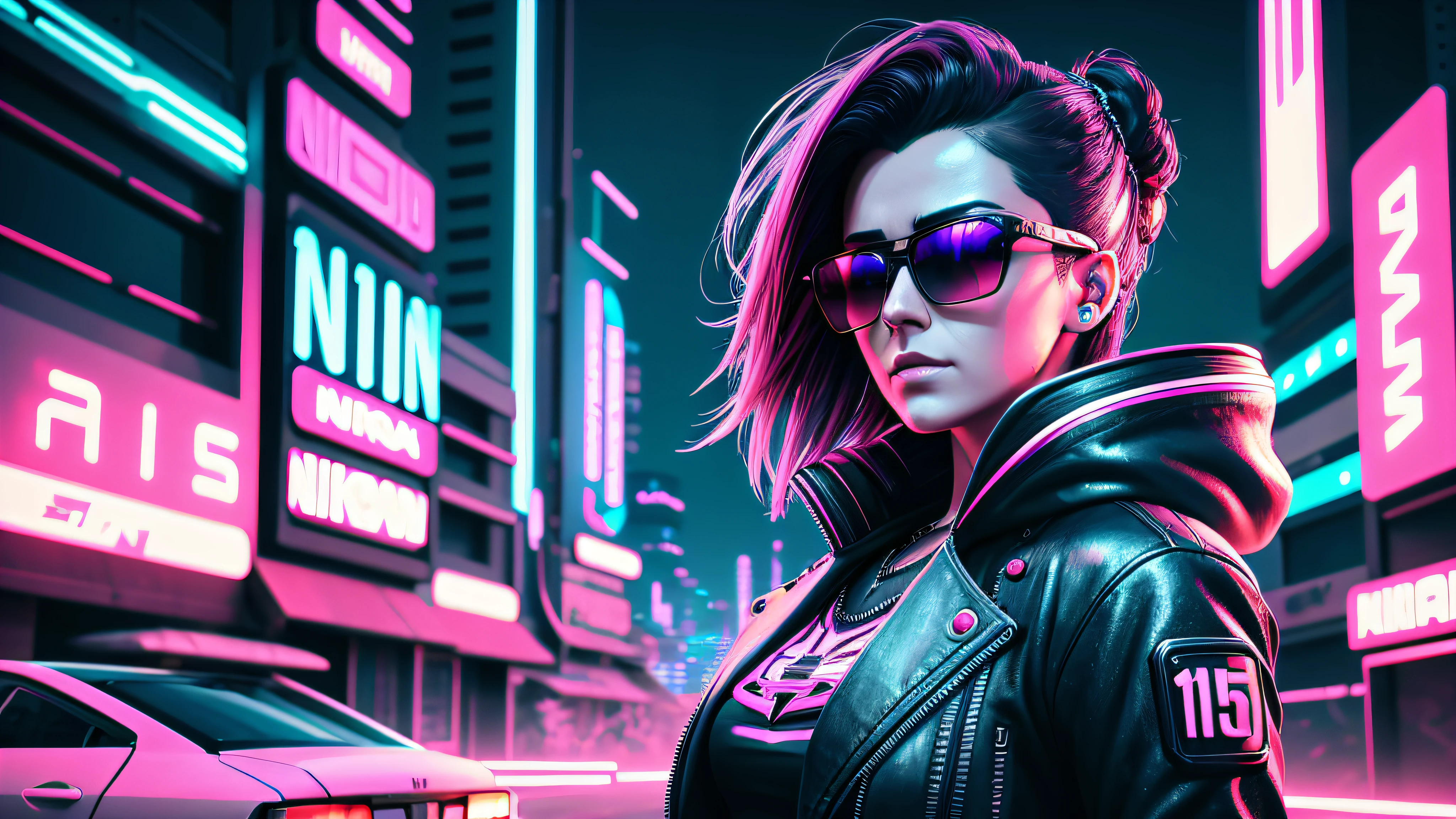 akudama drive style, a woman in sunglasses, synthwave art style, cyberpunk vibe, retrowave vibes, cyberpunk art style, mecanical face, bright cyberpunk glow, synthwave art style, cyberpunk vibes, Intricately Detailed Splash Art Triadic Color Trend Artstation Unreal Engine 5 Volumetric Lighting, Gothic , High resolution, close-up, ambient light, Nikon 15mm f/1.8G, by GIlSam-paio octane rendering depicting innovation and truth, full body, 8k, by Lee Jeffries, Alessio Albi, Adrian Kuipers, glamour, intricate detailed environment, lace, smudges , dark watercolor background, masterpiece, ornate, depth, 80's
