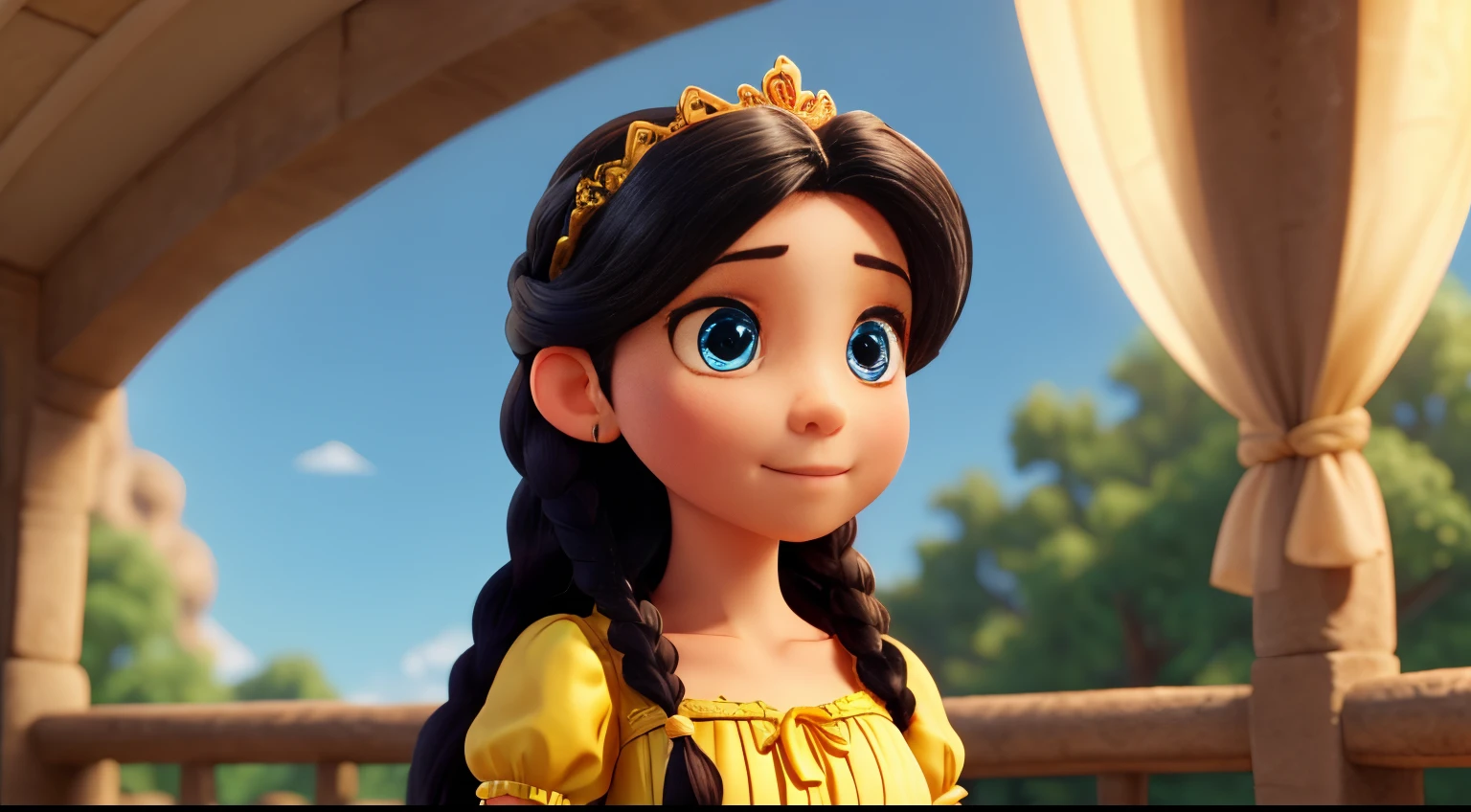 The good princess has long black hair, blue eyes, fair skin, and wears a very modest yellow dress. She has two braids that cascade down to her shoulders.