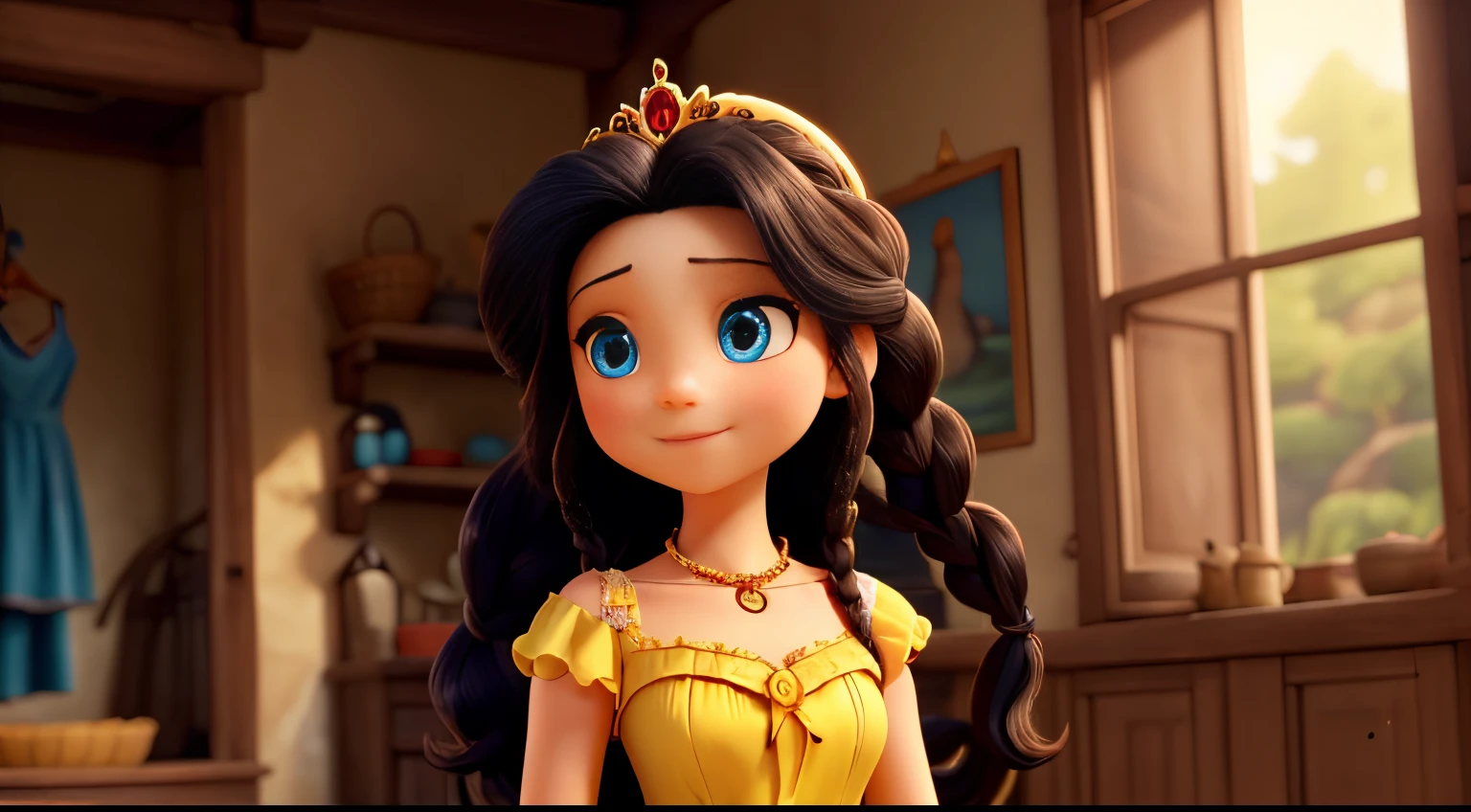 "The good princess has long black hair, blue eyes, fair skin, and wears a very modest yellow dress. She has two braids that cascade down to her shoulders, and the dress is made of tattered rags."