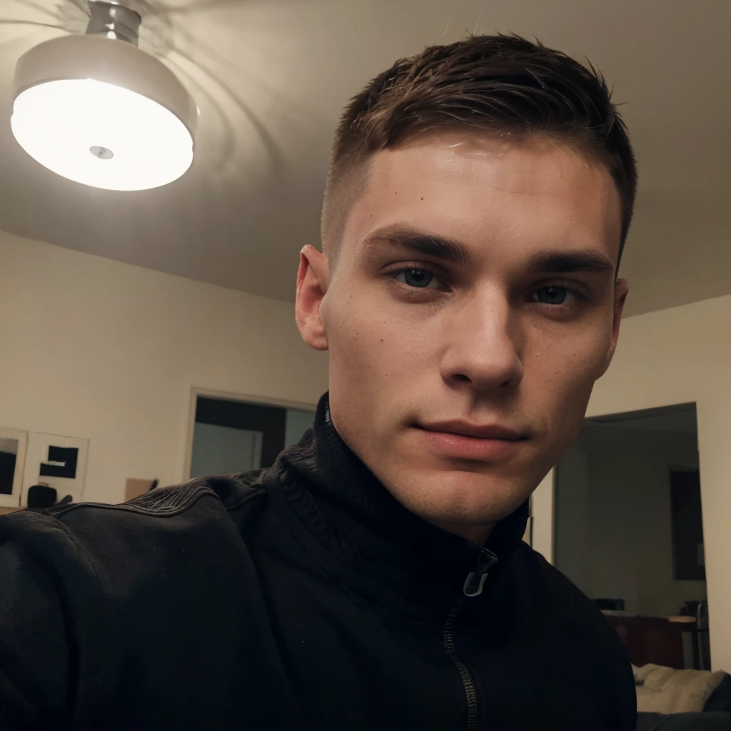 23 year old normal male, cillian murphy (dark blonde short buzz military haircut, fade haircut, small nose, chad jawline, big dark eyes, athletic, well built, fit, average looking, some pimples on face) upper body selfie from hand in living room, wearing plain basic black tracksuit jacket, seductive smile