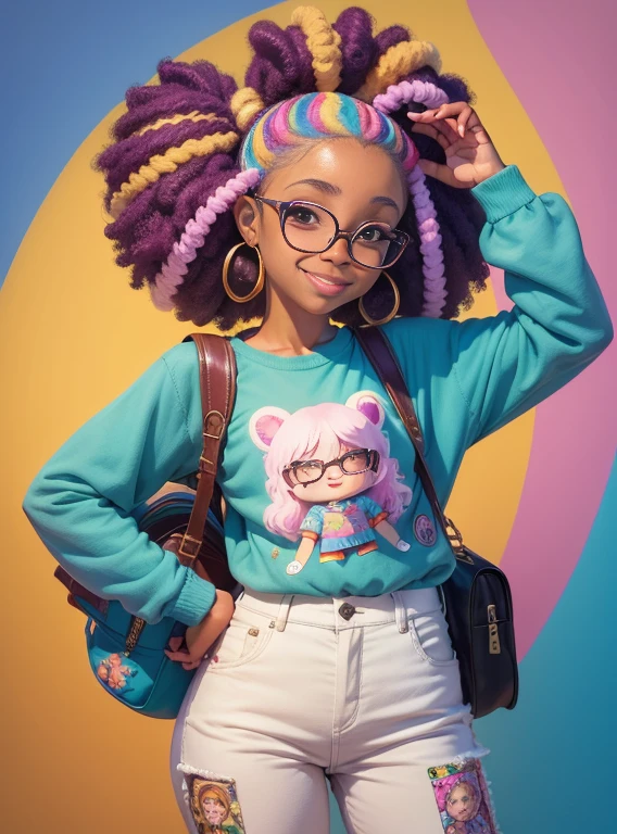 a cartoon girl with glasses smiling, Menina afro-americana, menina elegante afro-americana, mochila roxa, long pants, camisa de urso, super bonito funky menina preta, arte digital detalhada bonito, Retrato de uma Lisa Frank, arte digital bonito, arte dos desenhos animados, estilo de arte dos desenhos animados, full-colour illustration, advanced digital chibi art, Cartoon style illustration, painting digital adorable, estilo de arte bonito, Estilo Lisa Frank, personagem bonito dos desenhos animados