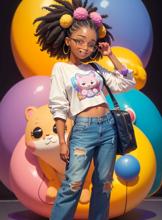 a cartoon girl with glasses smiling, afro-americana, meninante afro-americana, mochila roxa, long pants, camisa de urso, super bonito funky menina preta digital detalhada bonito, Retrato de uma Lisa Frank, arte digital bonito, arte dos desenhos animados, estilo de arte dos desenhos animados, full-colour illustration, advanced digital chibi art, Cartoon style illustration, painting digital adorable, estilo de arte bonito, Estilo Lisa Frank, personagem bonito dos desenhos animados