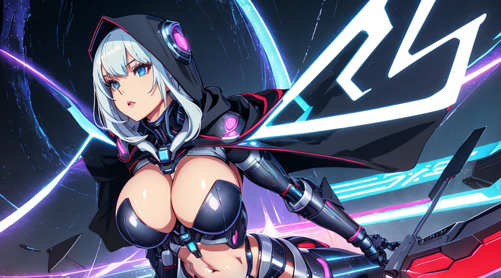 A cybernetic woman, with a perfect sculptural whole body, realistic, belly appearing, (large and perfect breasts), neckline, 3d, with hood on the head and a cape, anime style 3d, ultra realistic, HD,