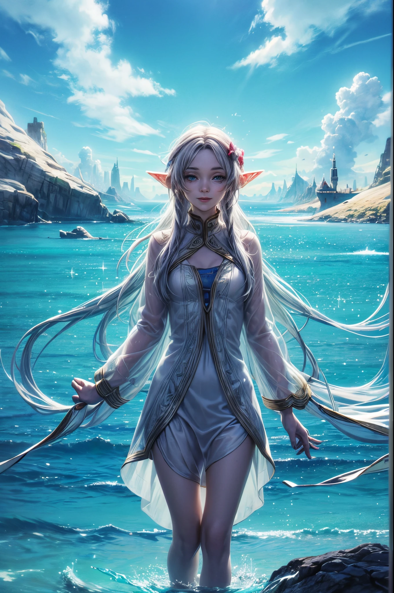 "((Innocent)) Smile, playful escapade, clockwork wonderland, joyous moments frozen in time, ((effervescent clouds)), liquid laughter, vibrant colors, whimsical tales,frieren, Elf