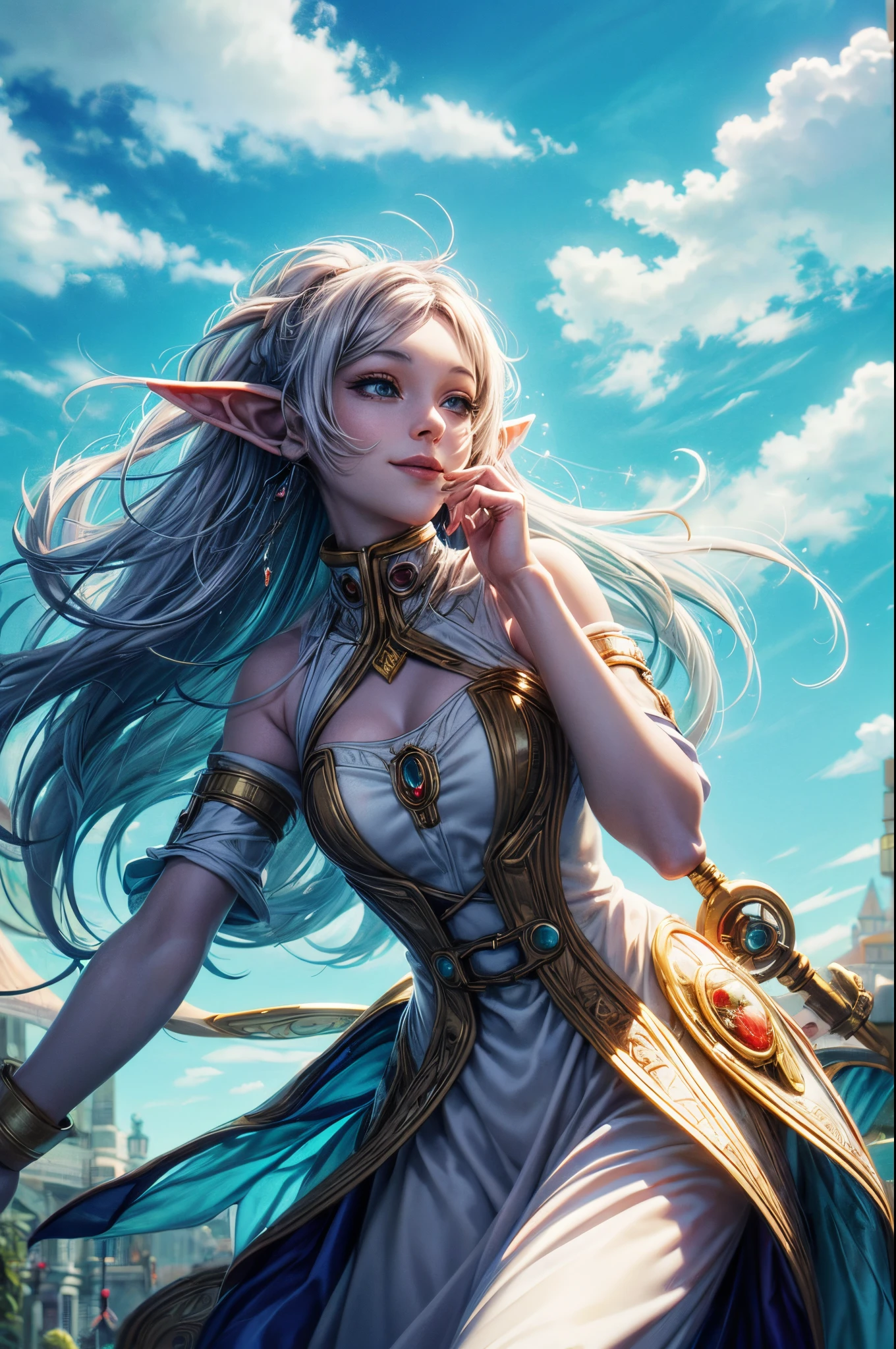 "((Innocent)) Smile, playful escapade, clockwork wonderland, joyous moments frozen in time, ((effervescent clouds)), liquid laughter, vibrant colors, whimsical tales,frieren, Elf