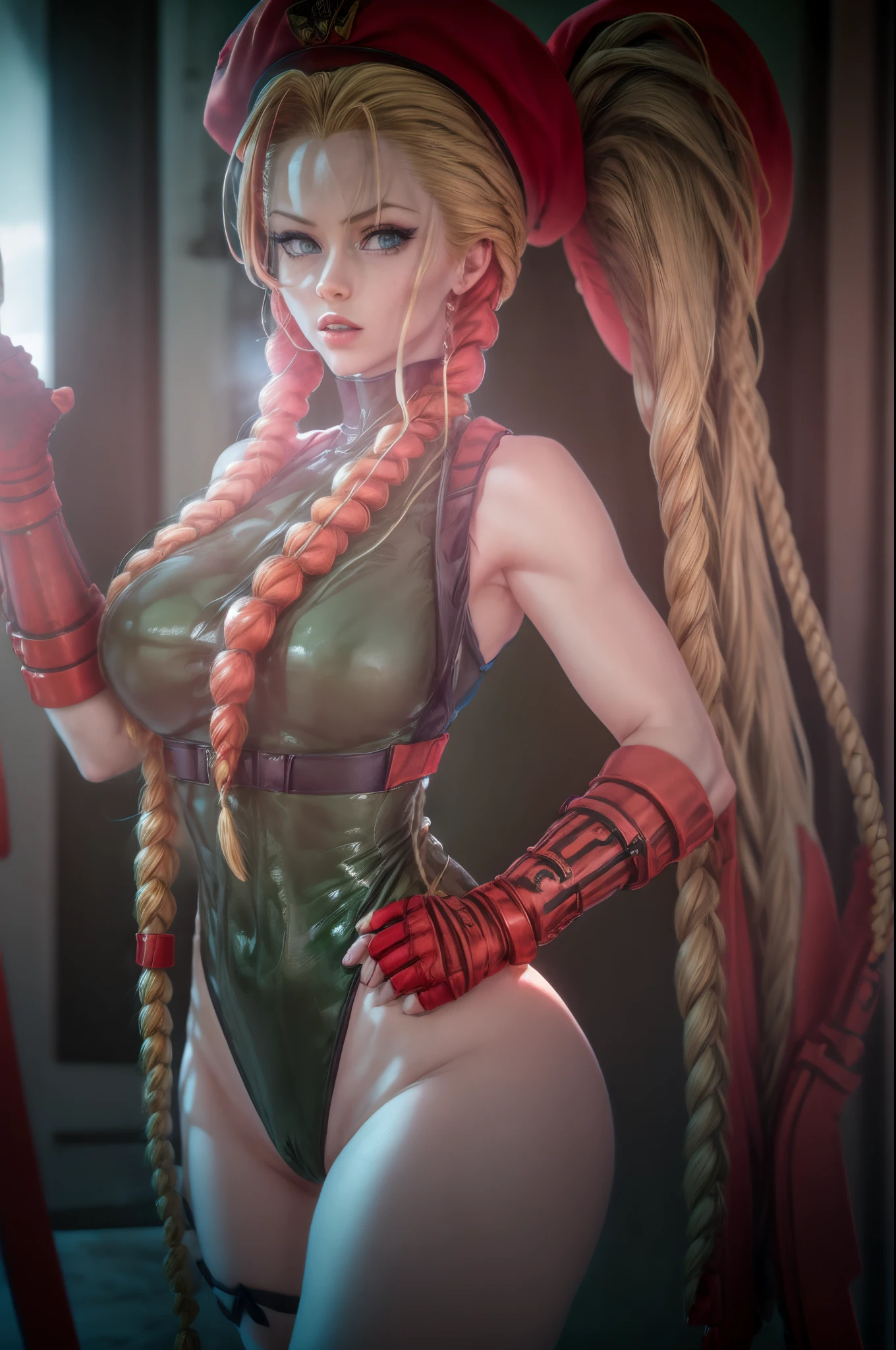 cammy white, twin braids, long hair, blonde hair, antenna hair, beret, (red headwear:1.3), Cammy1,blue eyes, scar on cheek, large breasts, green leotard, sleeveless, red gloves, fingerless gloves, camouflage