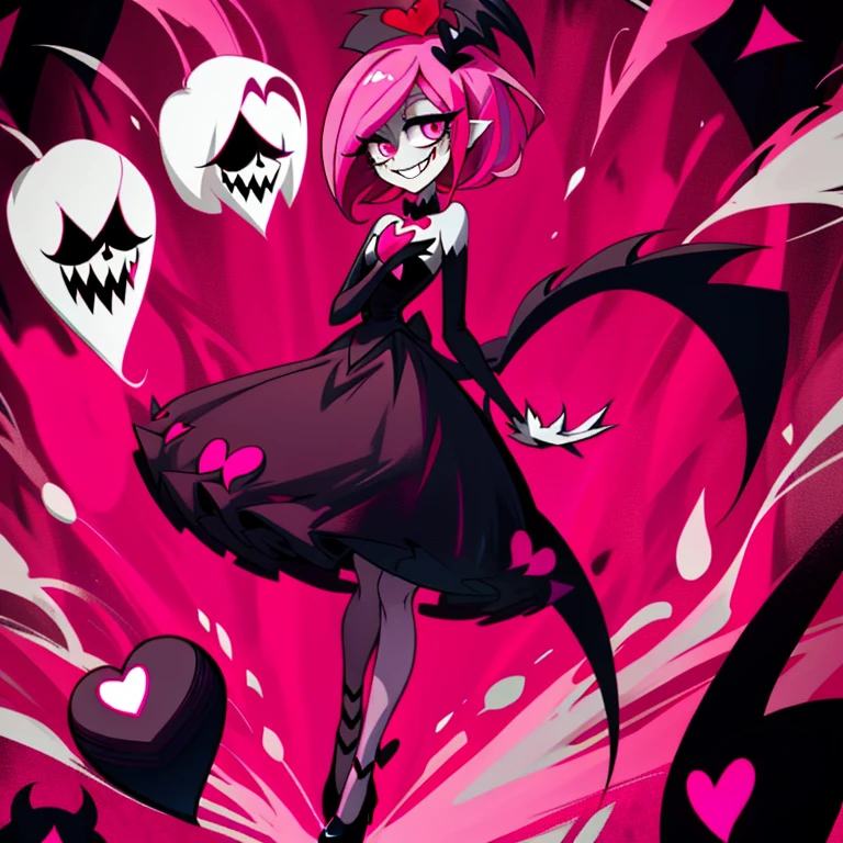 Hazbin Hotel style imp, 1girl, medium pink hair, heart eyes, insane smile, full body, cross on her chest, devil tail, dark dress