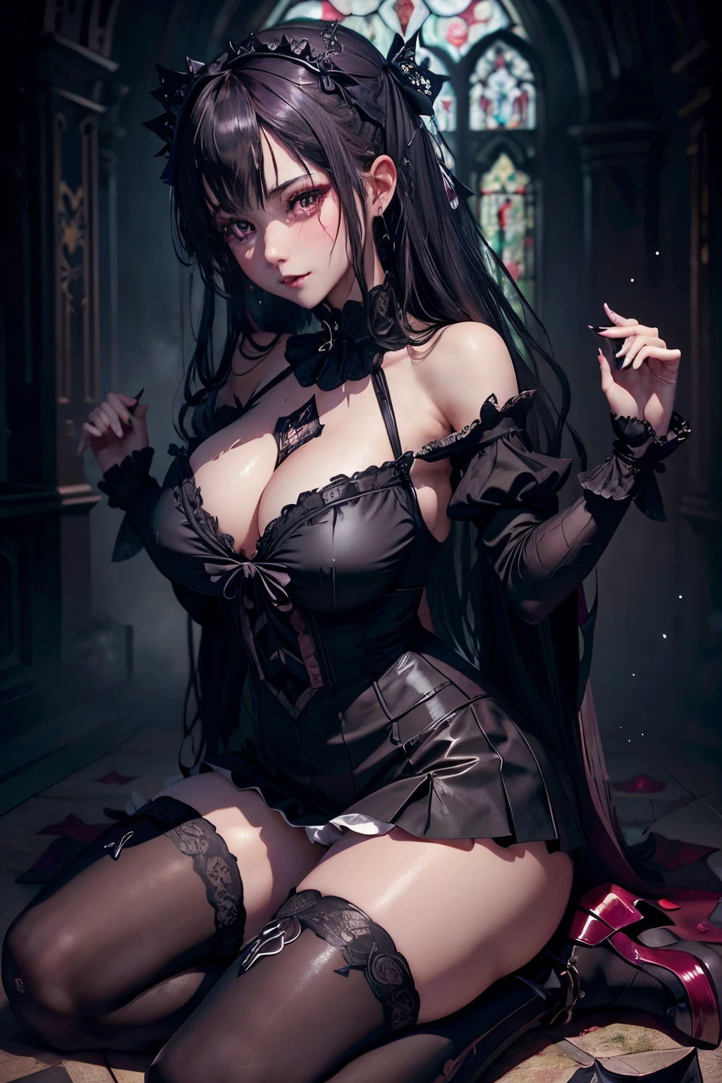 Hard Dark Gothic Makeup、Maniacal、Deep night sky、horor、Black Dark Eyeshadow、crying how bright、mourn、Good skin luster、Dark Gothic Makeup、Dark smile、Restless Palace、Expressions of sexual arousal、Fragrant beauty、22year old、Lying、seductiv、Strong sexual pleasure facial expressions、A look of shame、Dark Gothic、Gothic lolita、bell sleeves、Wizard Sleeve、Obscene look、Stained glass background、masutepiece、Best Quality、Refers to 5 books、Sweat glitters on my chest、Expression of sexual pleasure in anguish、Drunken face、maid clothes、Mysterious、noble、Face holding back the toilet、flirty gothic loli clothes、the body is wet and shiny、Transcendent sex appeal、Lots of glitter on the thighs、I'm sweating a lot、Affectionate smile、twin-tail hair、my thighs are so wet、jet black ruffle skirt、Shaded、blue eye on the right, Red eye on the left、Gothic bed covered with roses、Transcendent Bewitching Pose、Arch the back、stick out buttocks、knee high socks、thigh-high socks、A lot of sweat and stickiness on the thighs、Lots of sticky shiny thighs、Sweat shining generously on the thighs、The whole body is shiny with sweat、Glamour、A sexy、platform heel shoes、Quite sweaty、My thighs are sweaty、heavy make up、Breast size is modest、black lipstick、Heavy dark gothic long dress、bright pink hair、Long hair straight hair、stain glass、black metal world、sloppily open your legs、Thighs are more glamorous、Beauty the world、sit on a bed of roses、Goth loli clothes、