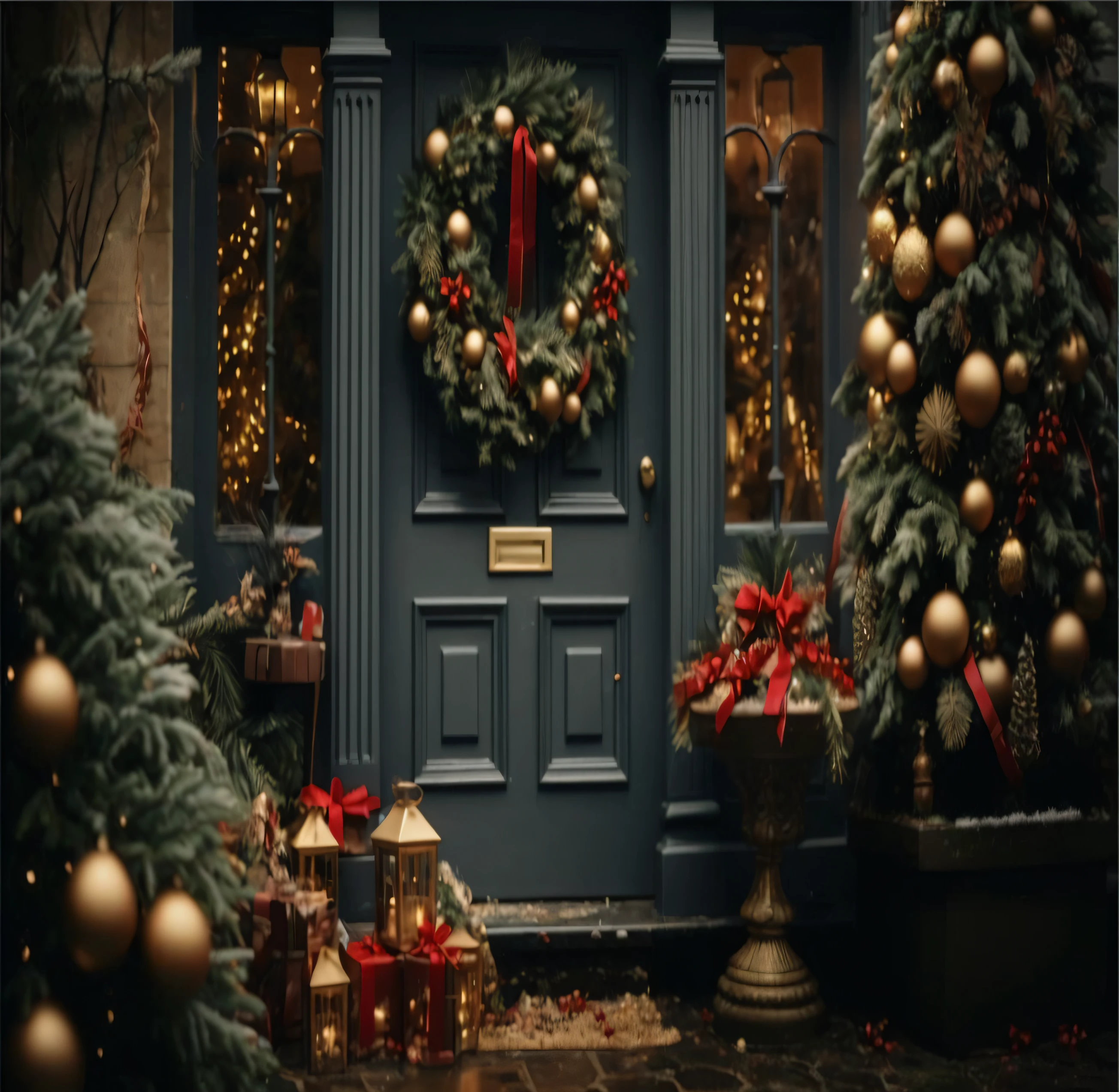 um close de uma guirlanda de natal em uma porta com uma guirlanda na frente, ricamente decorado, elegante e ornamentado, muito ornamentado, bem - decorado, ornamentado e elegante, Noite de Natal, Casa vitoriana ricamente decorada, bem decorado, 🕹️ 😎 🔫 🤖 🚬, ornamentado e detalhado, Clima festivo, holiday season, foto estilizada, Presentes