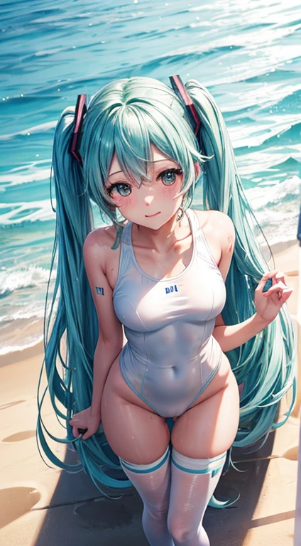 1girl, solo, hatsune miku, arm tattoo, looking at viewer, beach, bra cyan, bracelet, without panties, ponytail, footwear, sandals, vertical-striped bra, :o, sad eyebrows, (girl rides on top of guy perfectly:1.3), (girl having sex:1.9)