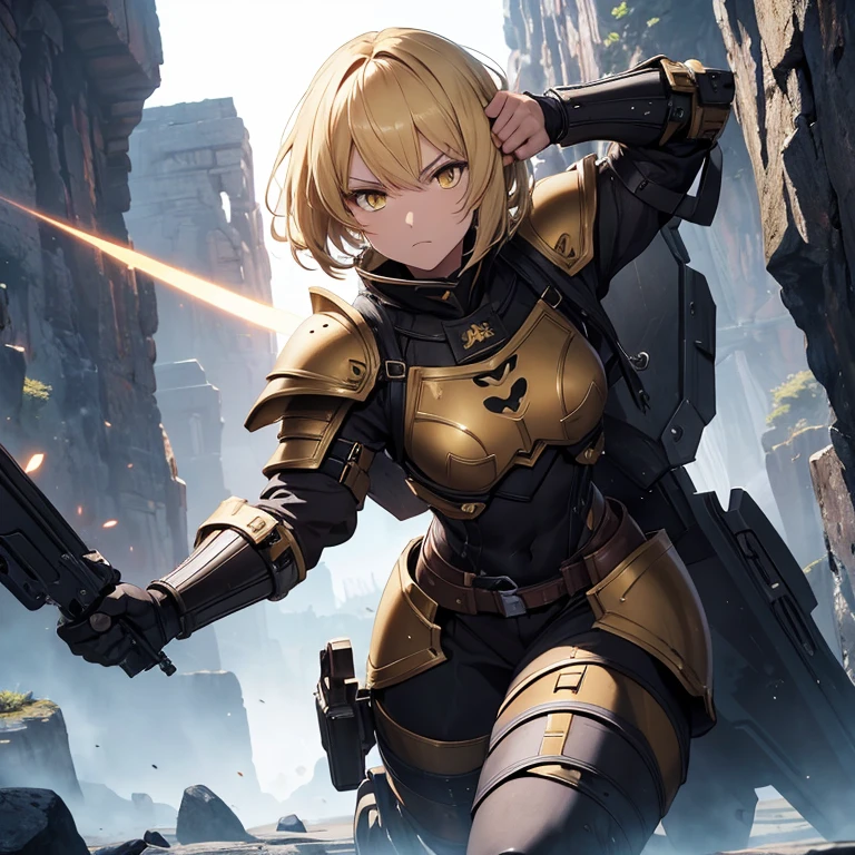 master piece, 8k, ultra detailed, anime, tall girl, short hair, blonde hair, yellow eyes, serious and courageous face, black obsidian armor, punching position, kinetic rocks, Gran Canyon scenario.