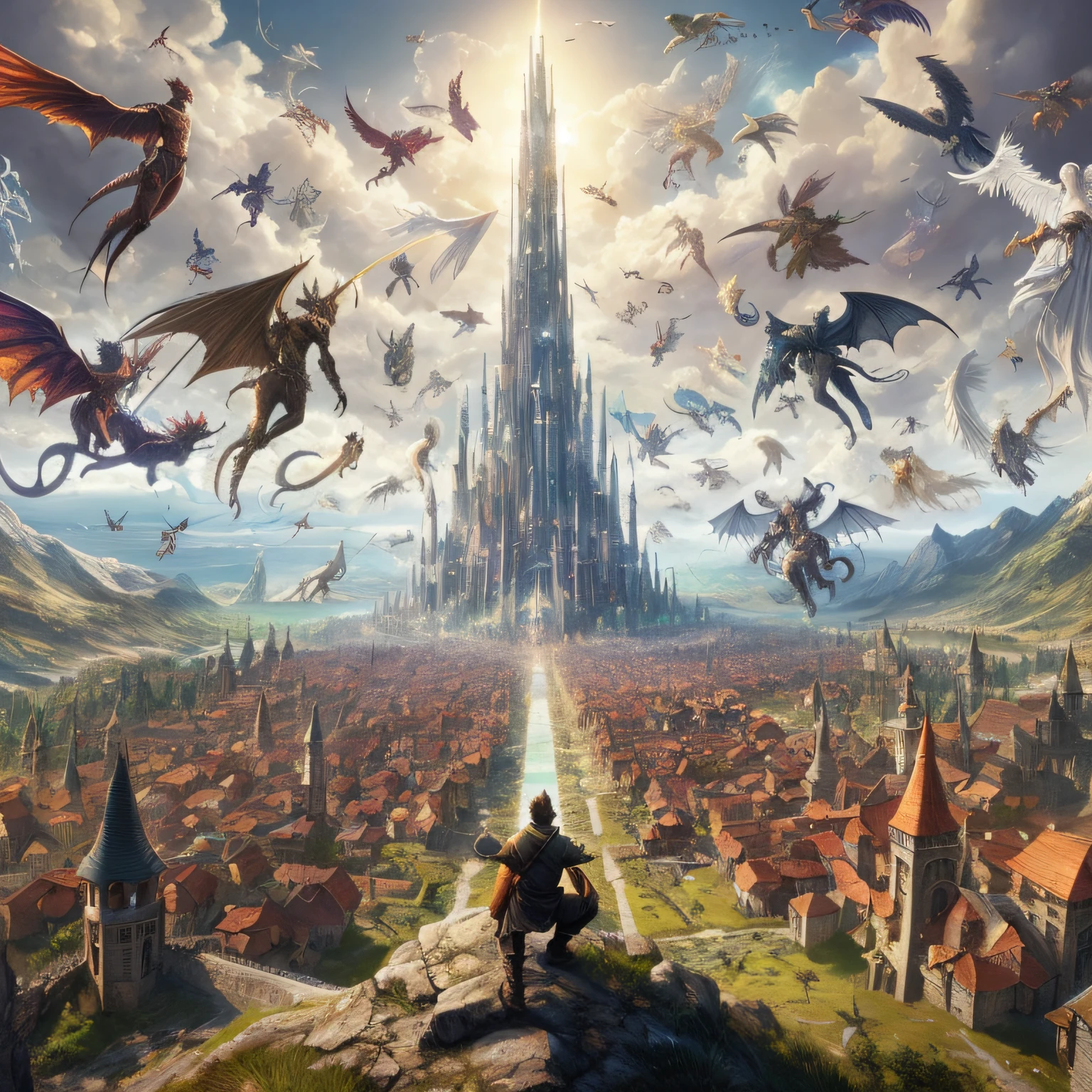 a tower that pierces the heavens with enormous amounts of angels , dragons , devils , voando ao longe ao redor e personagens de RPG olhando ela do alto de uma colina , cidades medievais em volta da torre, epic fantasy art, Epic Fantasy Digital Art Style, Symmetrical Epic Fantasy Art, 2. 5 d cgi anime fantasia arte |, epic fantasy HD art style, epic fantasy game art, epic rpg artwork, epic fantasy illustration, epic fantasy digital art, em frente a uma cidade de fantasia