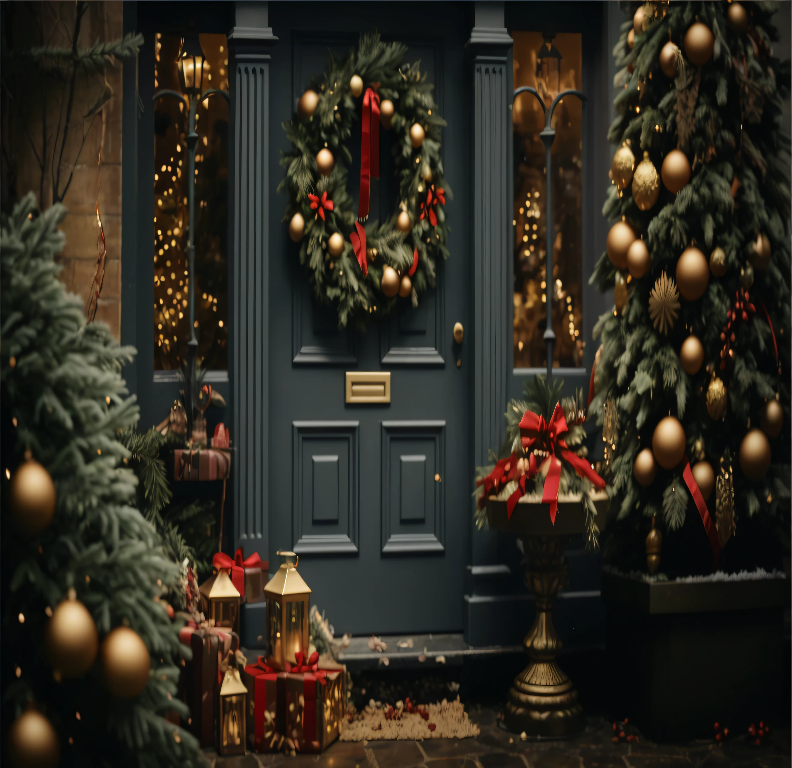 um close de uma guirlanda de natal em uma porta com uma guirlanda na frente, ricamente decorado, elegante e ornamentado, muito ornamentado, bem - decorado, ornamentado e elegante, Noite de Natal, Casa vitoriana ricamente decorada, bem decorado, 🕹️ 😎 🔫 🤖 🚬, ornamentado e detalhado, Clima festivo, holiday season, foto estilizada, Presentes