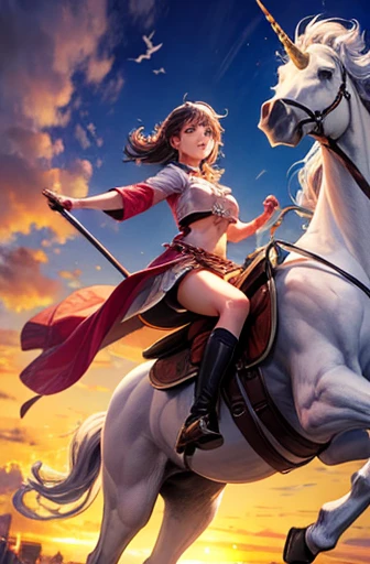 hyper HD, Realistic, Masterpiece, 1 beautiful girl, 18 years old, ride horse, archery, Tall, Thin, Depth of field, battlefield, (Very short sexy clothing), Combat skirt, Combat bra, Boots,Cloak
