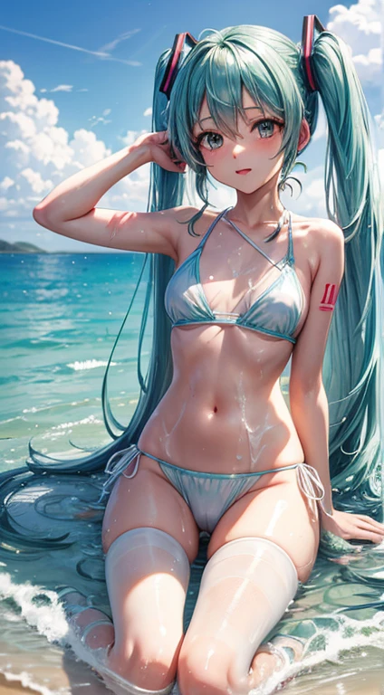 Hatsune Miku on the beach wearing a wet and transparent small tight white bikini