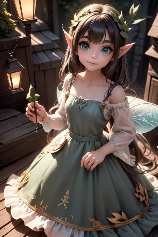 masterpiece, best quality, detailed eyes, 1girl, a cute ((fairy)) playing with a kite, (intense green smokey eyes makeup), (pointy ears), (fairy sleveless dress), (leafy dress), traslucent fairy wings), large eyelashes, fantasy magical (village at night), (night scene), (magical lanterns), looking at viewer, (((full body))), Cinematic Light, Ray tracing, Depth of field, light source contrast,