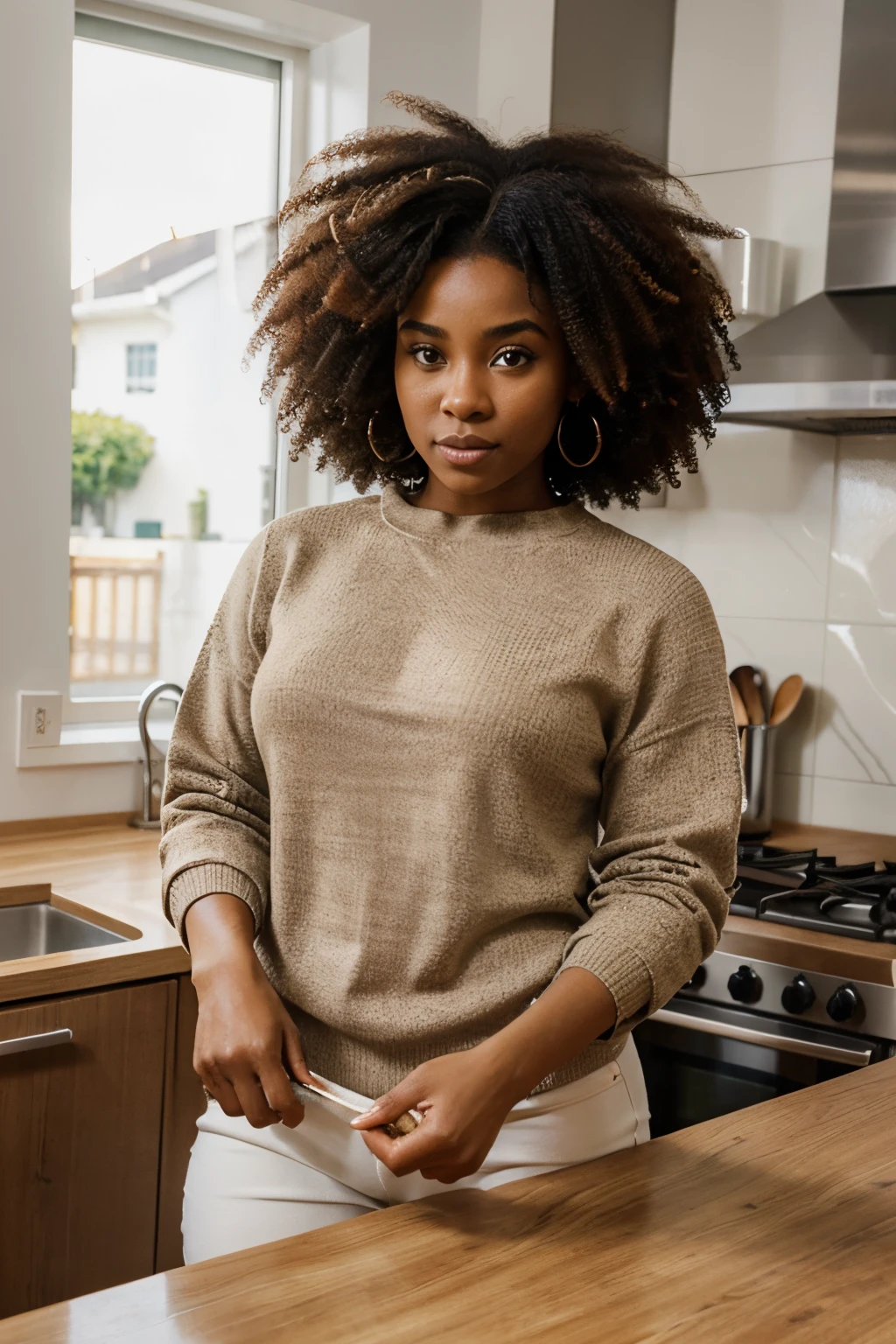 real black woman with afro natural hair and with beautiful eyes , she is 30 years old, she weights 160 pounds and measures 1m72, and she is cooking in a modern kitchen, she wearing a beige pullover