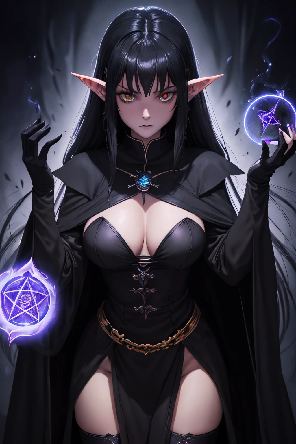 (Miyazaki style illustration:1.2), 18 year old sexy D&D goblin dark priest woman, (very long black hair), (small and slim body), (soft face), (18 year old goblin dark priest), (green skin goblin), (she's overflowing with dark energy), (she's evil), (very evil), (evil expression), (she's wearing dark priest clothes from fantasy times), (wearing dark priest robe armor from D&D world), (wearing black gloves), (occult symbols:1.2), (fully clothed), (she's casting a dark spell), (big breasts:1.4), (glowing darkness around her), (she's flowing with glowing dark energy:1.2), (dark energy all around her), (perfect eyes and face), (erotic:1.2), (perfect hands).