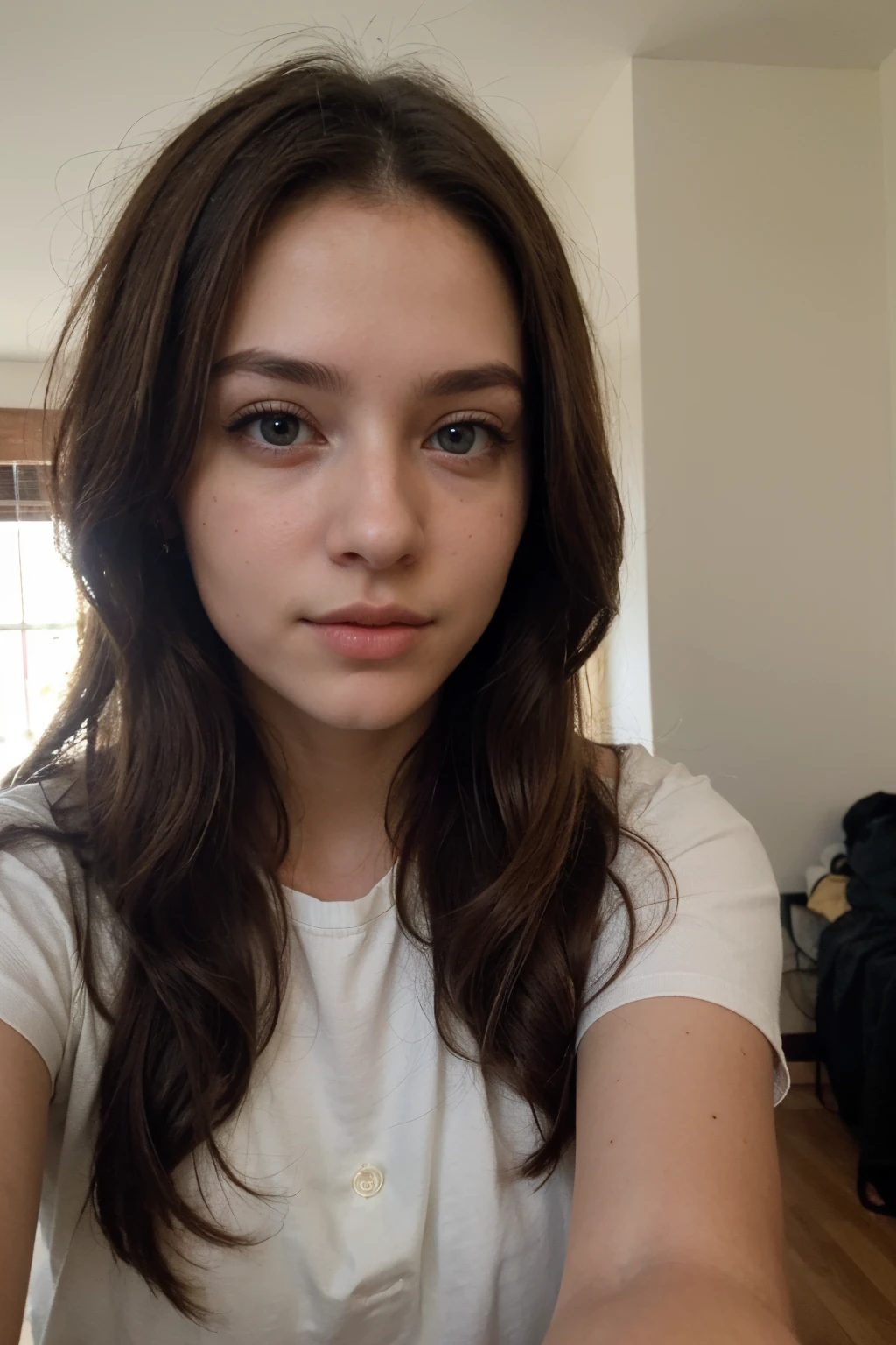 ((best quality)), ((masterpiece)), (detailed), perfect face, age about 20 years old, 1 girl, takes a selfie, blue eyes, brown hair, flowing long hair, photo