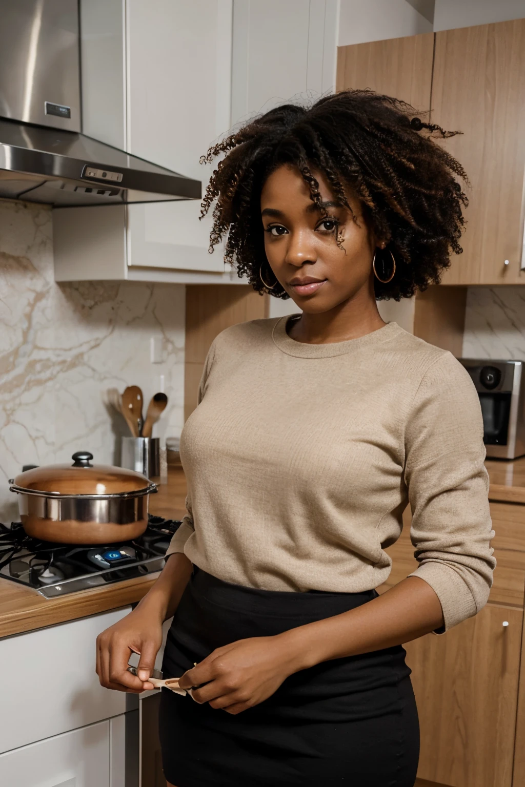 real black woman with afro natural hair and with beautiful eyes , she is 30 years old, she weights 160 pounds and measures 1m72, and she is cooking in a modern kitchen, she wearing a beige pullover