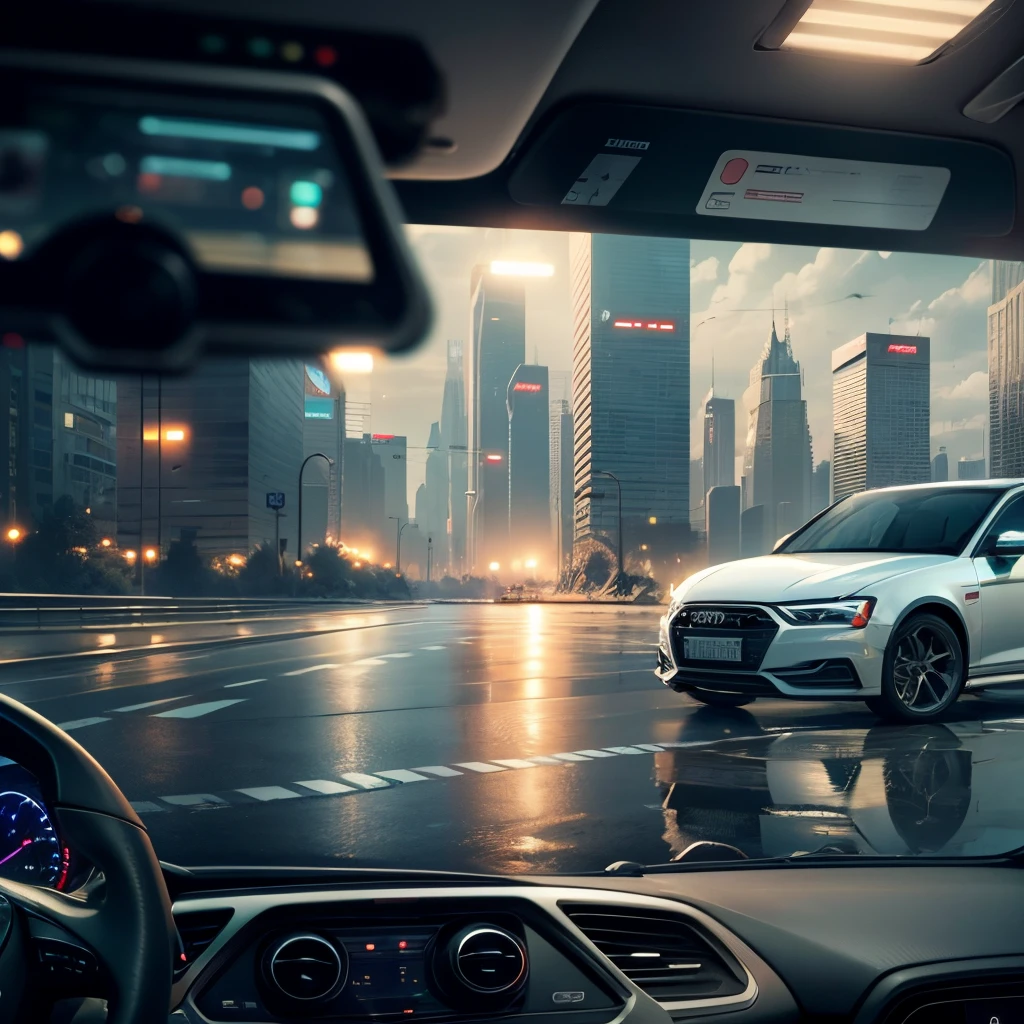 view inside of Audi A3 '2004 car sci fi cyberpunk city --auto --s2