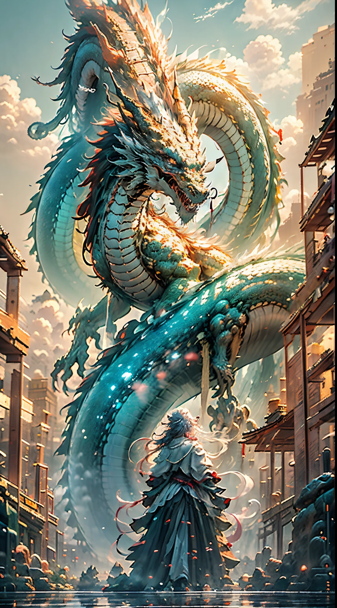 The Chinese White Divine Dragon soared into the air,(Girl manipulates dragons:1.3),(The girl has her back to the camera:1.3),Sky clouds surround the surroundings,Light magic,Fantastic background,Meaning background,Ridiculous background,There are artistic overlayulticolored hair, surrealism, Cinematic lighting, Ray tracing, god light, speed-line, angle of view, hyper HD, Masterpiece, Best quality, Super detail, A high resolution, High quality,(Far view:1.3)