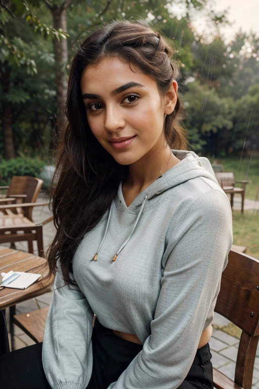 A girl, Named fatemeh, 25 years and 7 months and 21 days old/well-lit mixture of Phoenician, Greek, Armenian, and Arab/almond brown eyes, Chocolate brown hair, ponytail/ bow-shaped lips, uptruned Nose, square jaws, narrow forehead, Protruding chin, high-arch eyebrows /168 centimeters height, 61 kilograms weight,tanned body, smiling / detailed eyes, detailed face, detailed anatomy, detailed hands, detailed legs/ HDR, BEST LIGHTS, BEST ISO, BEST VIEW, landscape/ in a mountain park, chairs behind, trees, rainy weather, winter / black pants, black and white sweater, green anorak/ side camera angle
