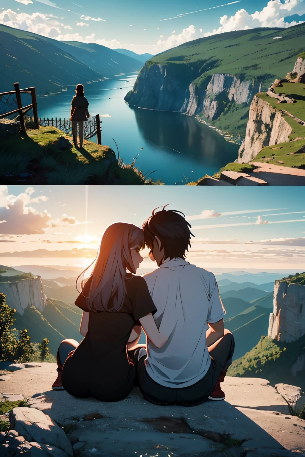 A couple sitting on the edge of a cliff, Embraced, bela paisagem de montanhas com florestas, por do sol, manga version of rhyme work