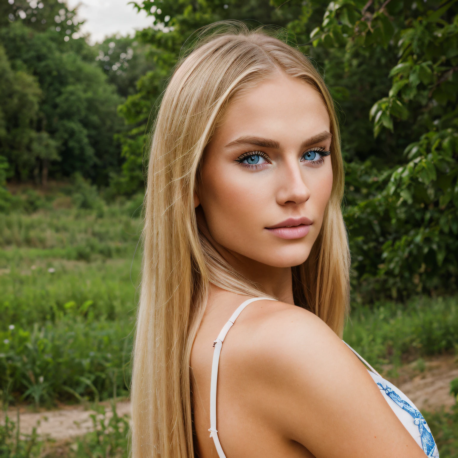 hyperrealism, young blonde beautiful girl, long blonde hair, blue eyes, around 20-22 years old model, photorealistic, Realism, nature background, looking and turning into the camera, front look