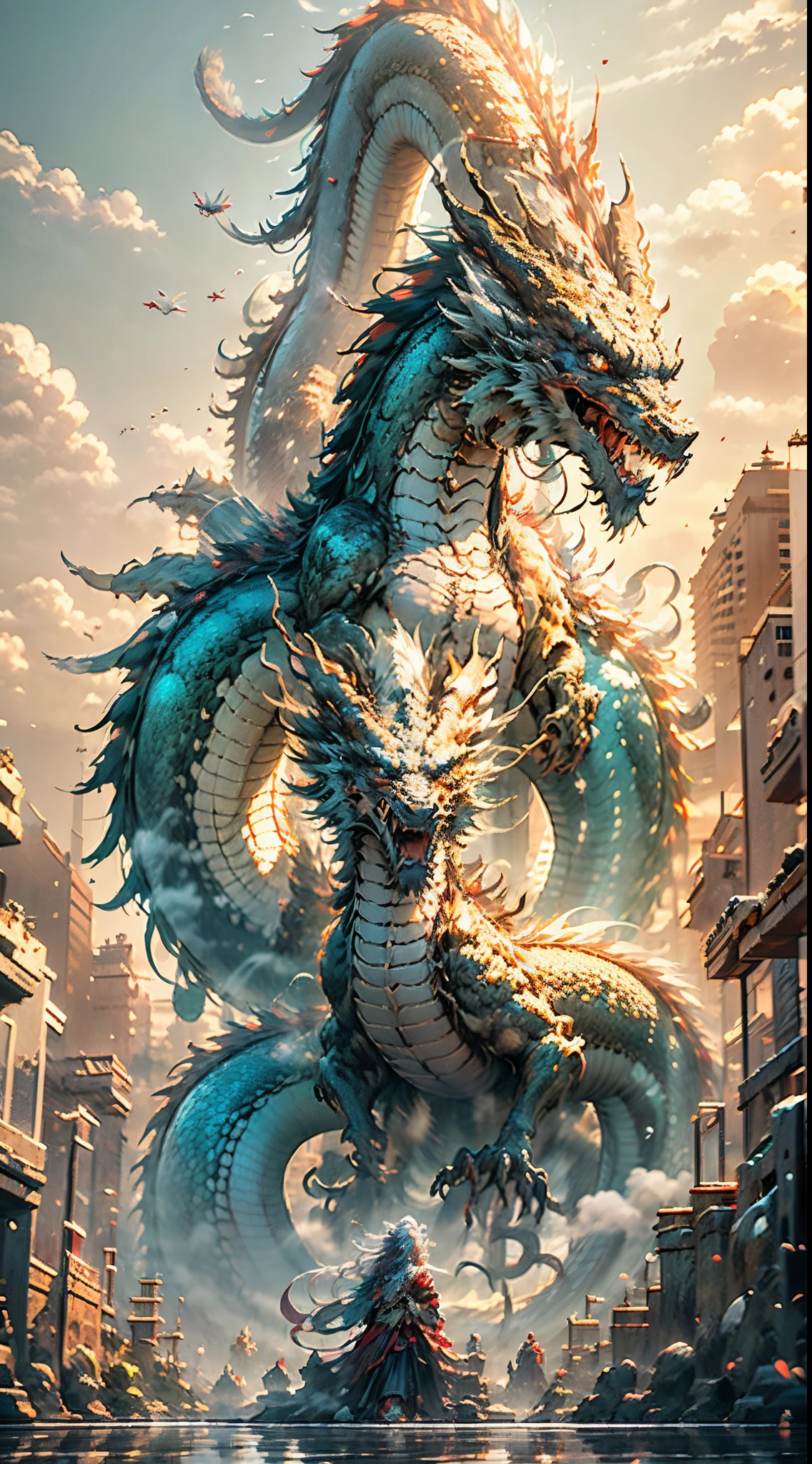 The Chinese White Divine Dragon soared into the air，（Girl manipulates dragons：1.3），（The girl has her back to the camera：1.3），Sky clouds surround the surroundings，Light magic，Fantastic background，Meaning background，Ridiculous background，There are artistic overlayulticolored hair, surrealism, Cinematic lighting, Ray tracing, god light, speed-line, angle of view, hyper HD, Masterpiece, Best quality, Super detail, A high resolution, High quality，（Far view：1.3）