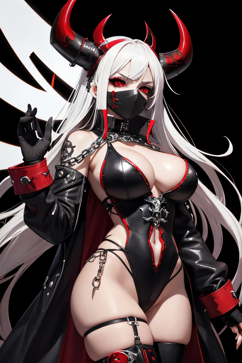 Anime woman, deep cleavage, huge heavy breasts, demopunk style, fusion of demonic and punk elements, skull motif with vibrant red accents, long white hair flowing with red highlights, piercing red eyes, leather attire with chains, (face mask headgear with demon horns), high contrast between black and red, background of urban decay and graffiti, chaotic energy, hyper-realistic textures, ultra-clear detail, soft shadows, professional color saturation, contrast heightened for a gritty yet slick aesthetic.