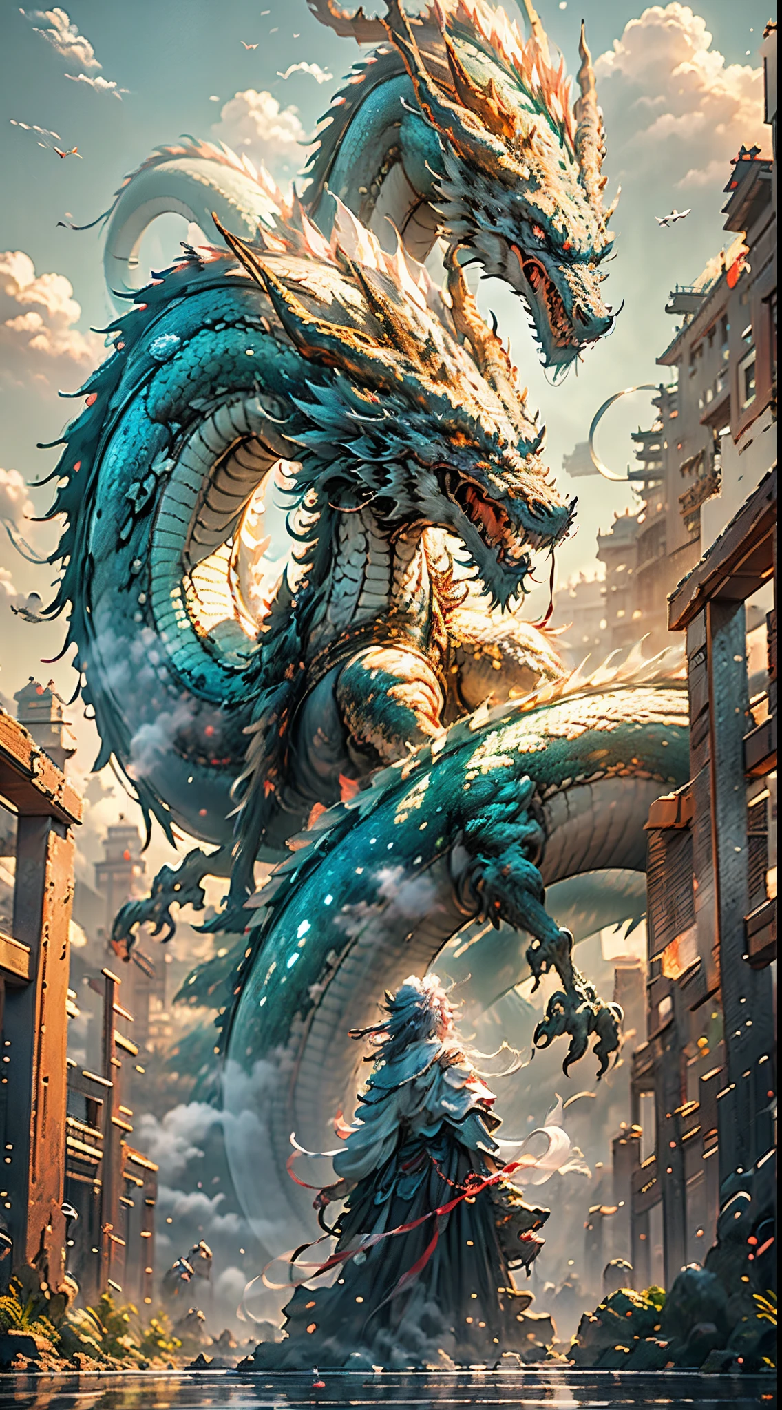 The Chinese White Divine Dragon soared into the air,(Girl manipulates dragons:1.3),(The girl has her back to the camera:1.3),Sky clouds surround the surroundings,Light magic,Fantastic background,Meaning background,Ridiculous background,There are artistic overlayulticolored hair, surrealism, Cinematic lighting, Ray tracing, god light, speed-line, angle of view, hyper HD, Masterpiece, Best quality, Super detail, A high resolution, High quality,(Far view:1.3)