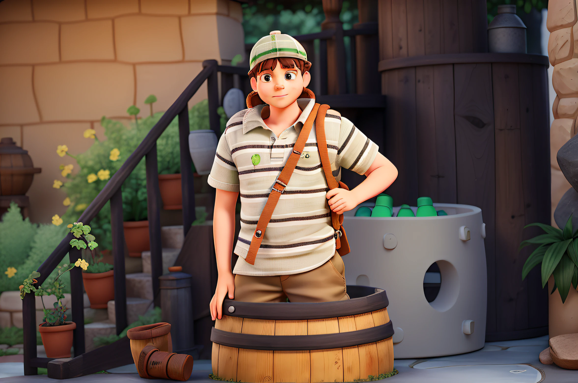 Imagem realista de um menino de 9 anos, sardas no rosto, standing inside an old long light wooden barrel at waist height, looking at the camera. Vestindo uma camisa esporte de gola redonda com mangas e listras coloridas na ordem do preto, white and light brown starting at the collar, wearing a suspender with both parts on the right side, light beige pants and a plaid green flannel hat covering the ears. holding the suspender with one hand and the other holding the pipe. In the courtyard of a villa with a staircase with plants in pots on the left side, ao lado de um antigo tanque de lavagem de concreto cinza ao fundo com piso de pedra. alta qualidade, 8k