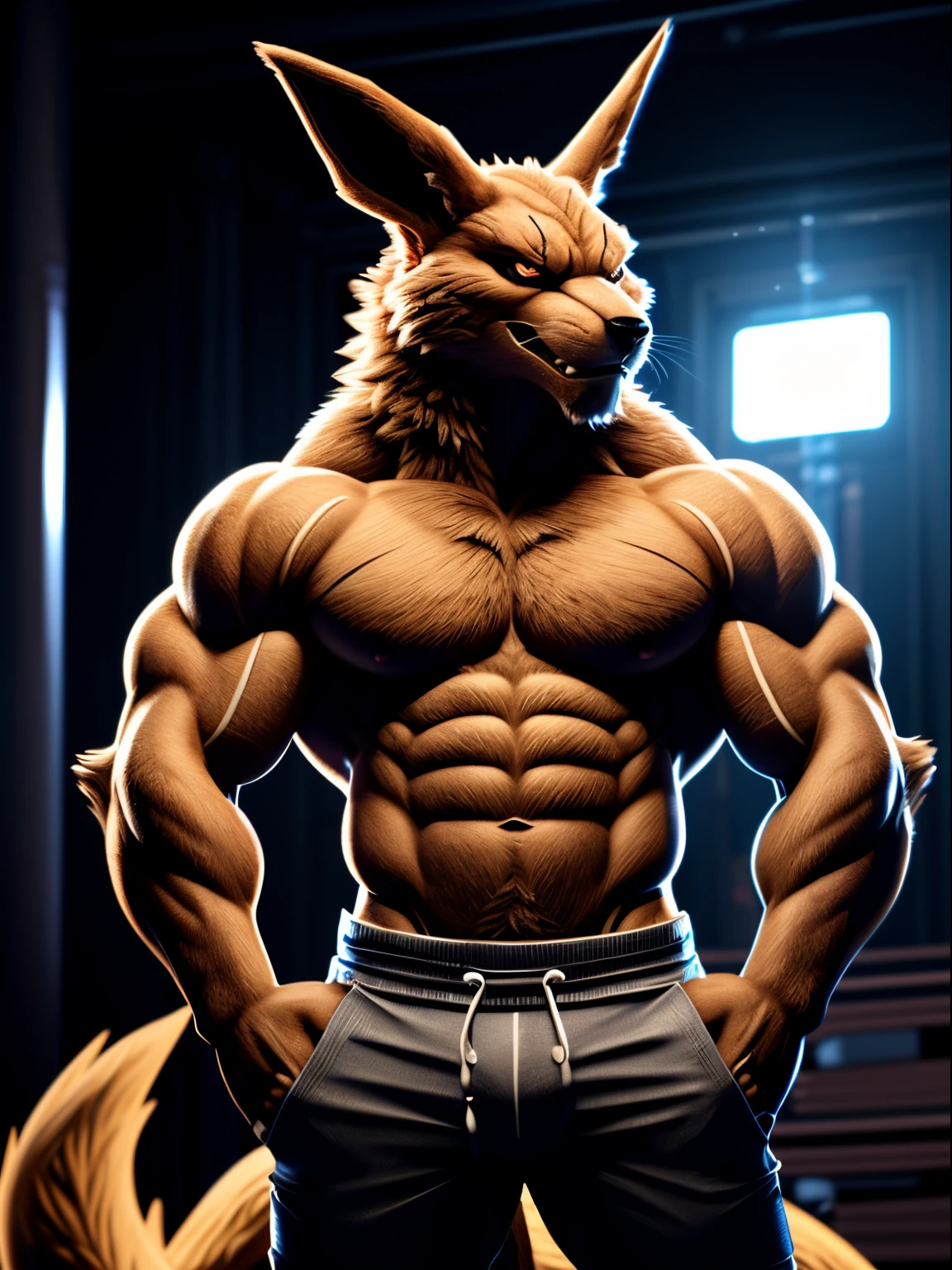 musculoso Anthro Kurama con guantes de boxeo. 4k, High resolution, La mejor calidad, colores perfectos, Sombras perfectas, Perfect lighting, Publicado el E621, cuerpo peludo, solamente, Anthro Kurama, vello, mayor, masculino, , Masculino, (Muy musculoso, aficionado:1.2), bare torso, anatomy correct, (Piel detallada, epopeya, Obra maestra:1.2), (Antecedentes detallados del gimnasio, noche), sexy and gloomy Taran Fiddler, por takemoto arashi), (Pantalones cortos de boxeo:1.2), (ojos detallados:1.2), sudoroso:1, sudar:1.2, Pelaje brillante, cuerpo completo, Guantes de boxeo, arrodillado en el suelo, (sudar:1.4), boca abierta, visible breathing, exhausto, (Brazos bajados, Brazos hacia abajo:1.1) arte digital anime